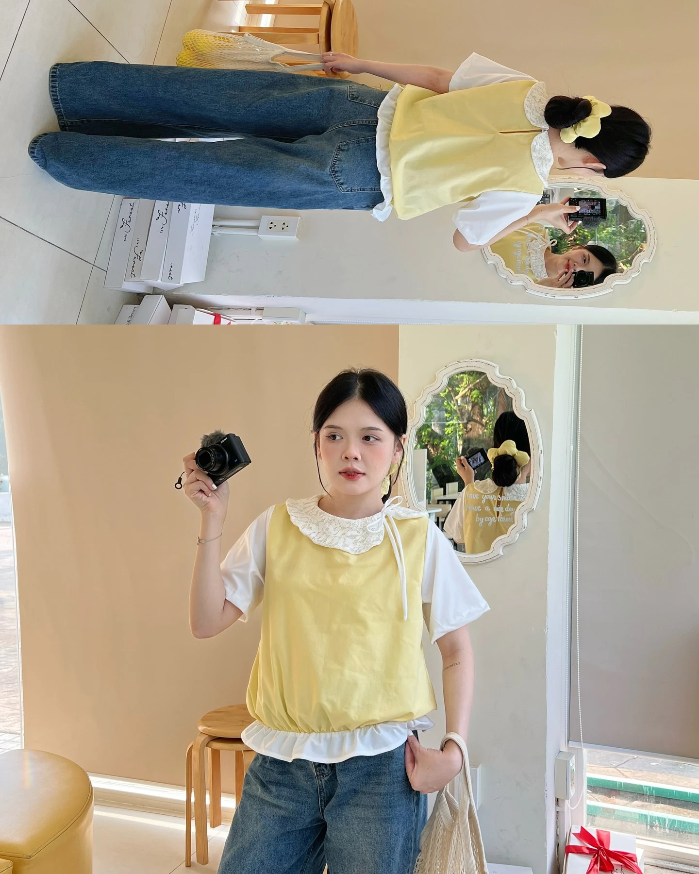 Áo babydoll vàng phối trắng bo chun