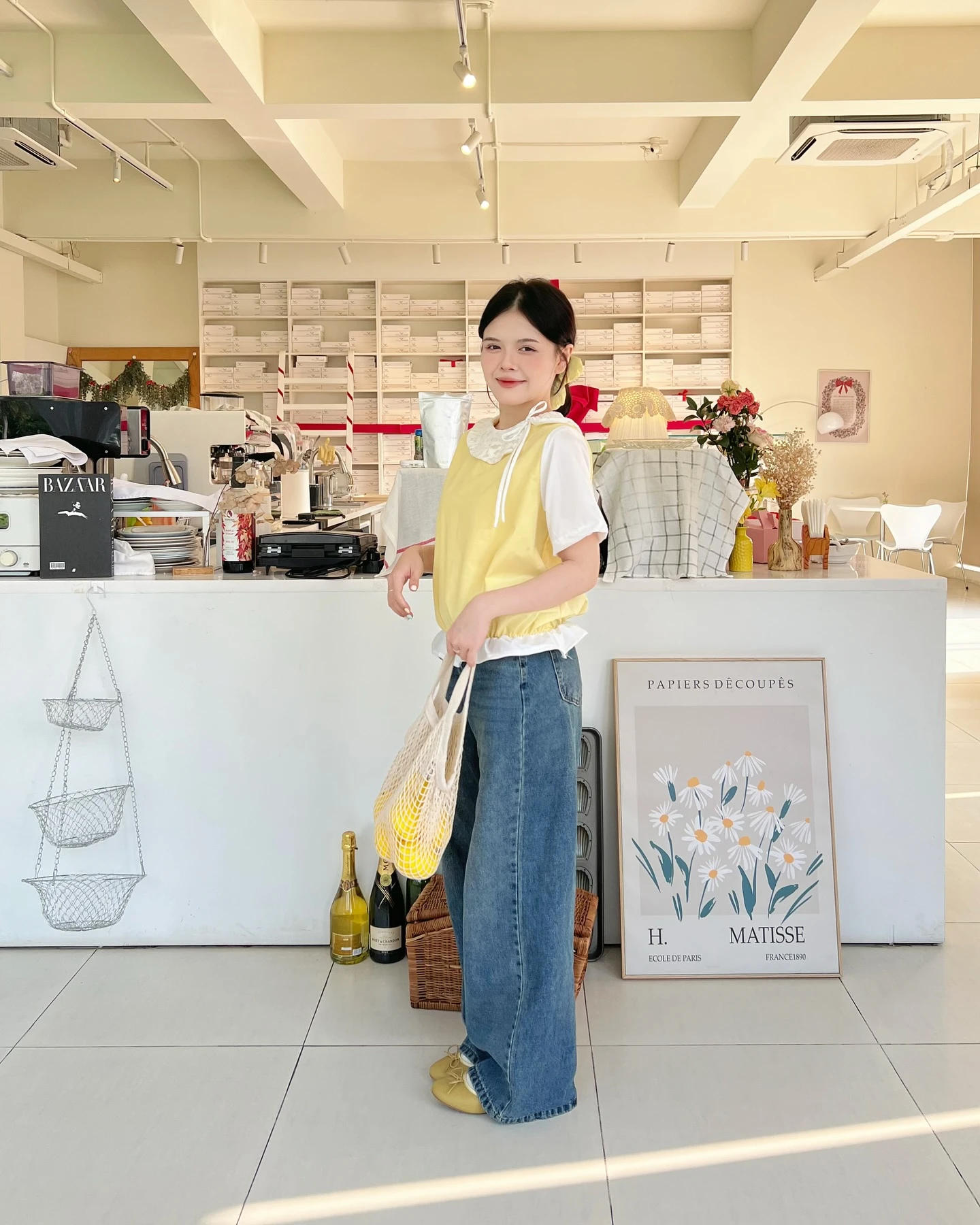 Áo babydoll vàng phối trắng bo chun