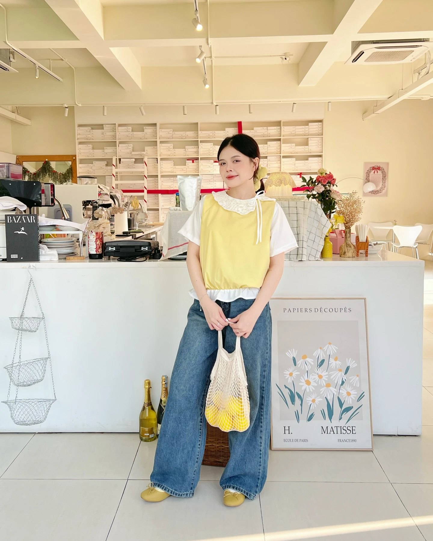 Áo babydoll vàng phối trắng bo chun