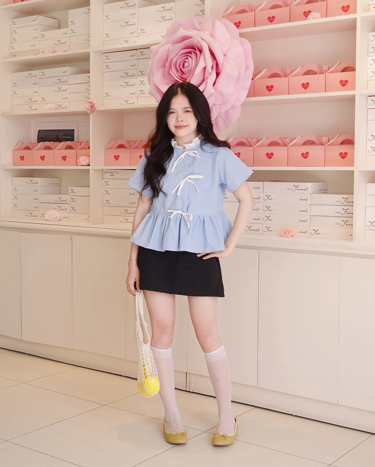 Áo babydoll xanh phối nơ trắng