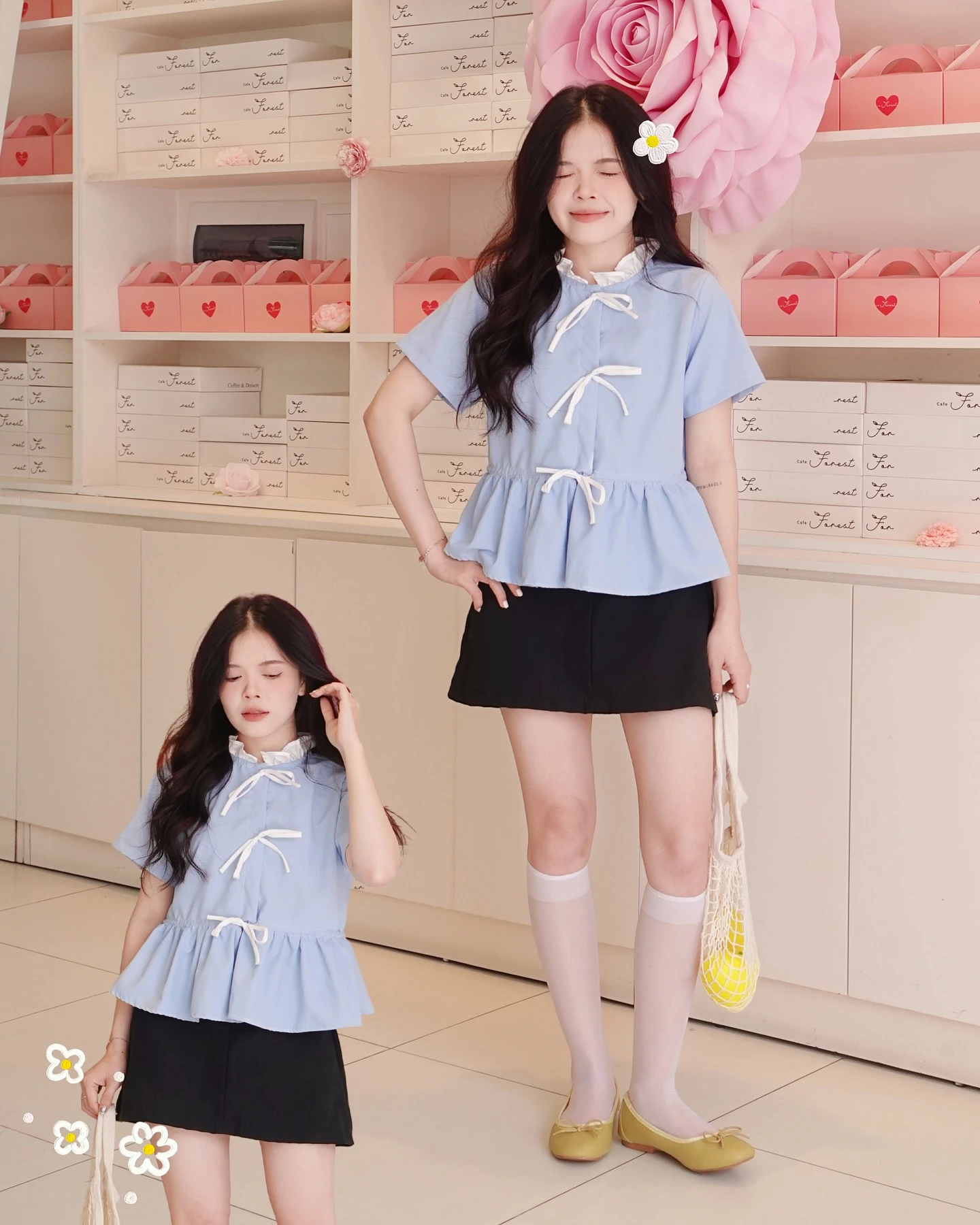 Áo babydoll xanh phối nơ trắng