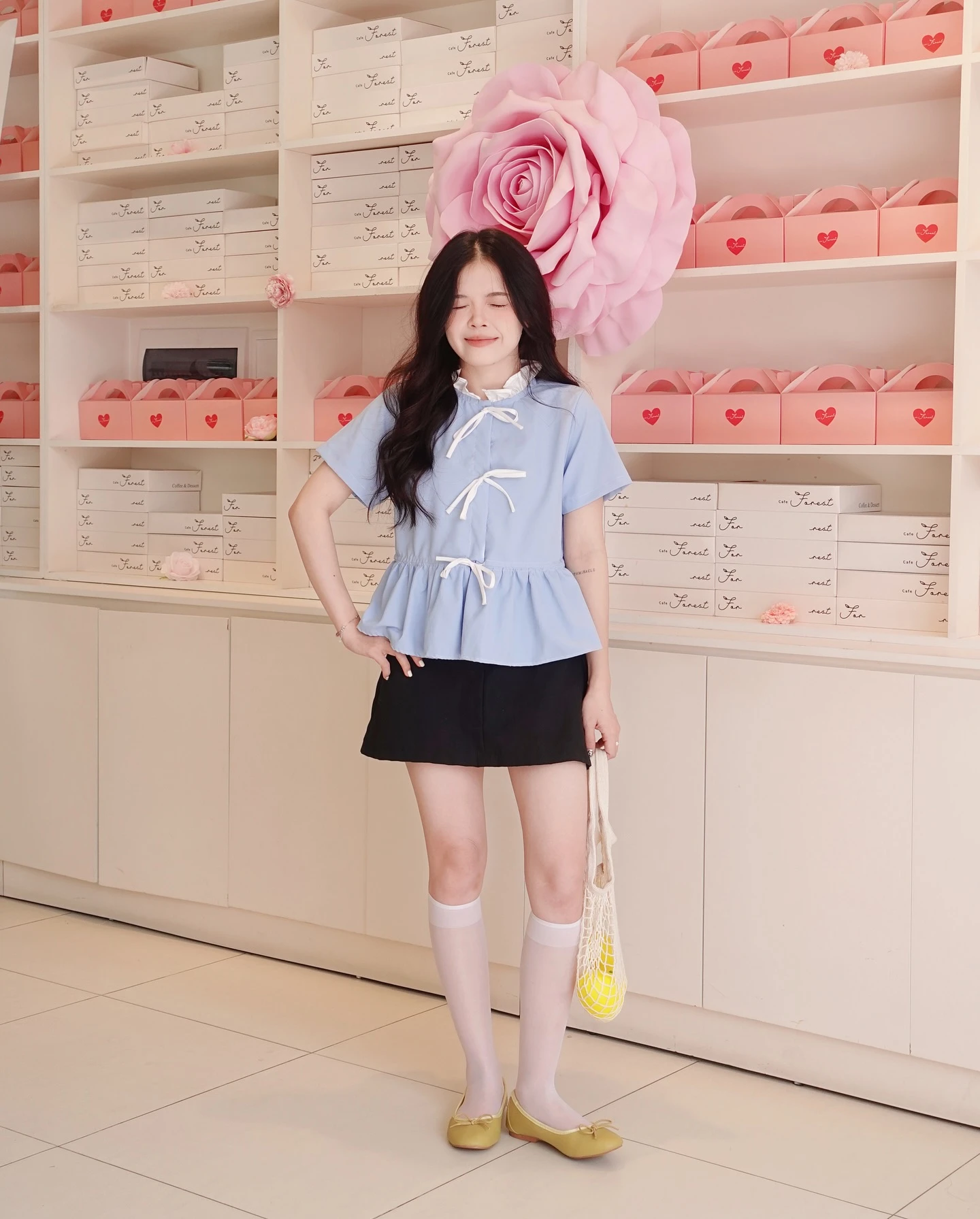 Áo babydoll xanh phối nơ trắng