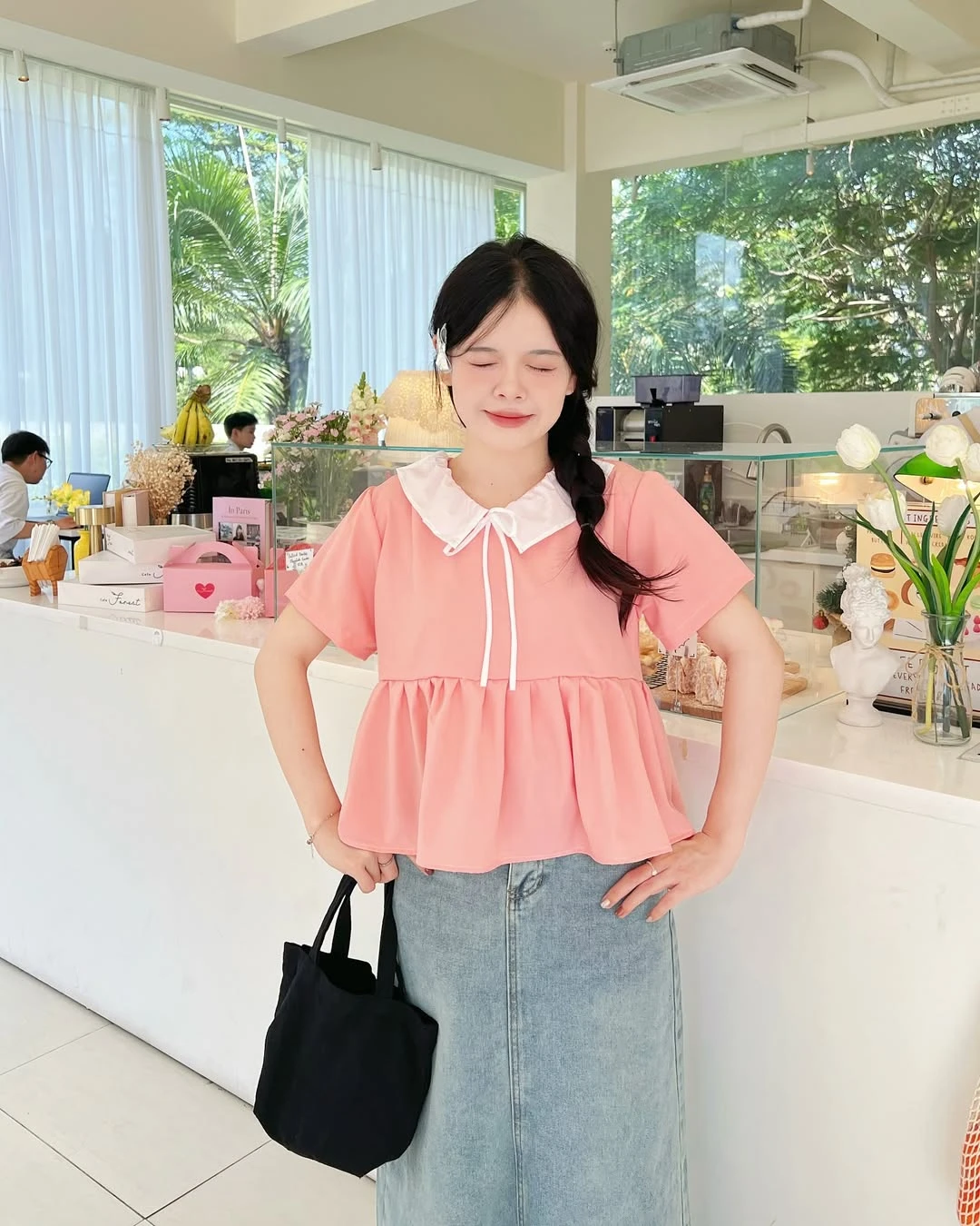 Áo babydoll hồng bèo phối trắng