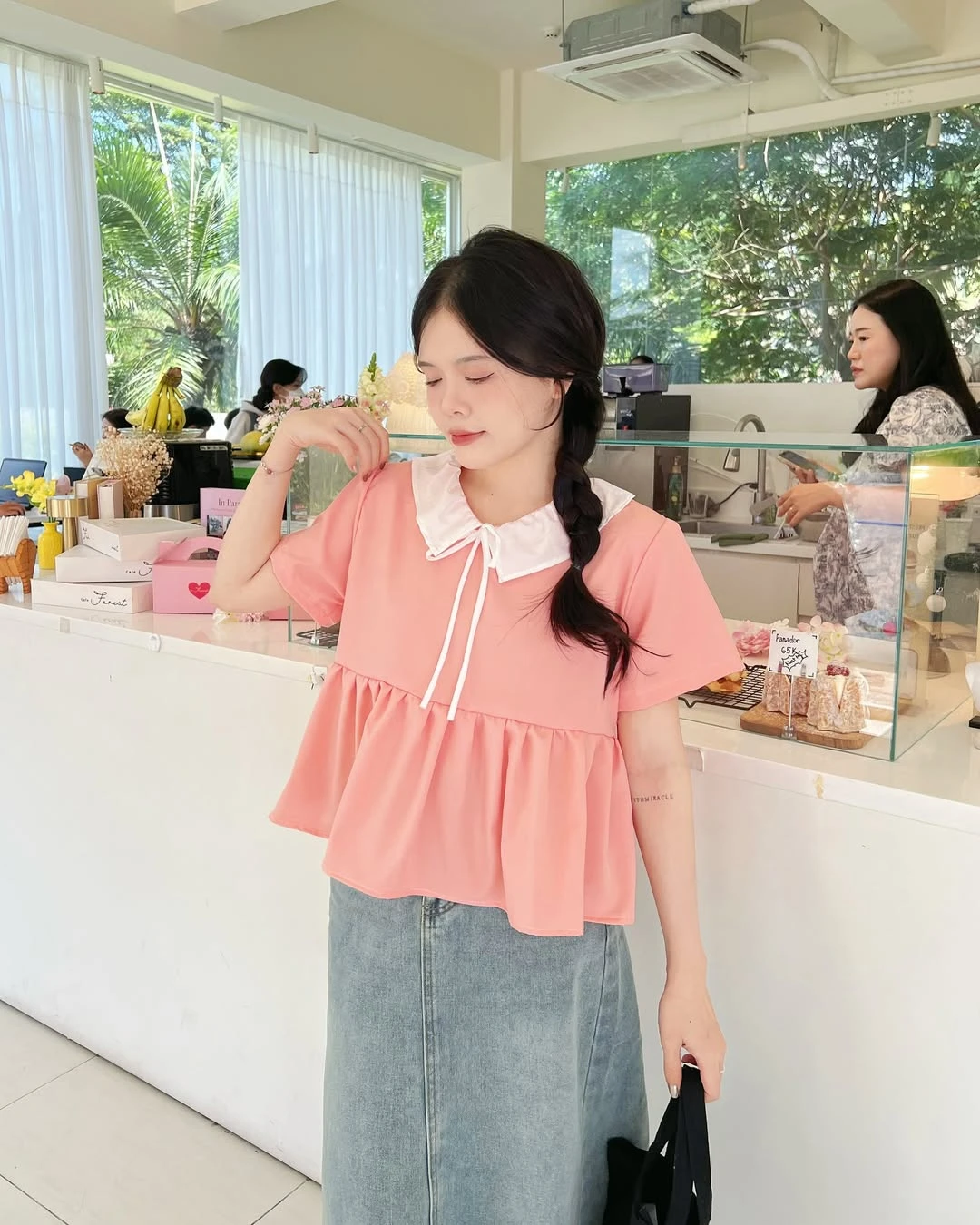 Áo babydoll hồng bèo phối trắng