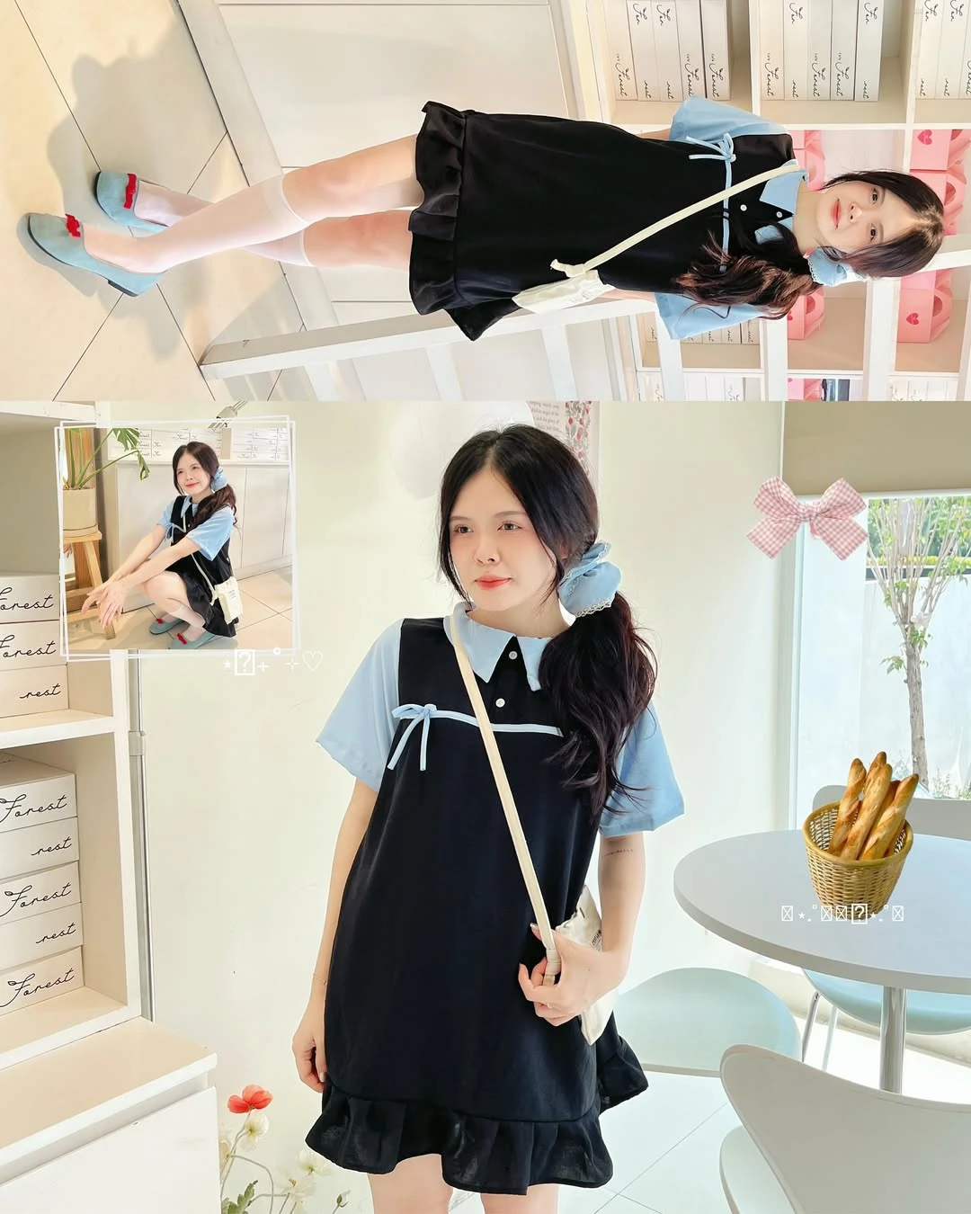 Đầm babydoll đen phối xanh dương