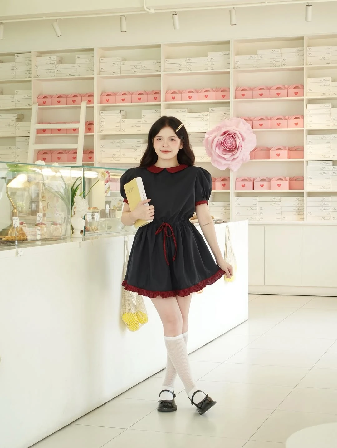  Đầm babydoll xanh than phối caro đỏ rút dây eo 