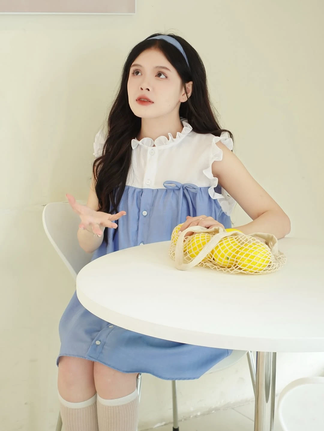 Đầm babydoll xanh nhạt phối trắng bèo