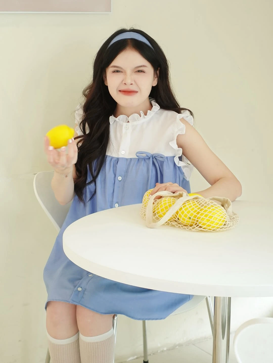 Đầm babydoll xanh nhạt phối trắng bèo