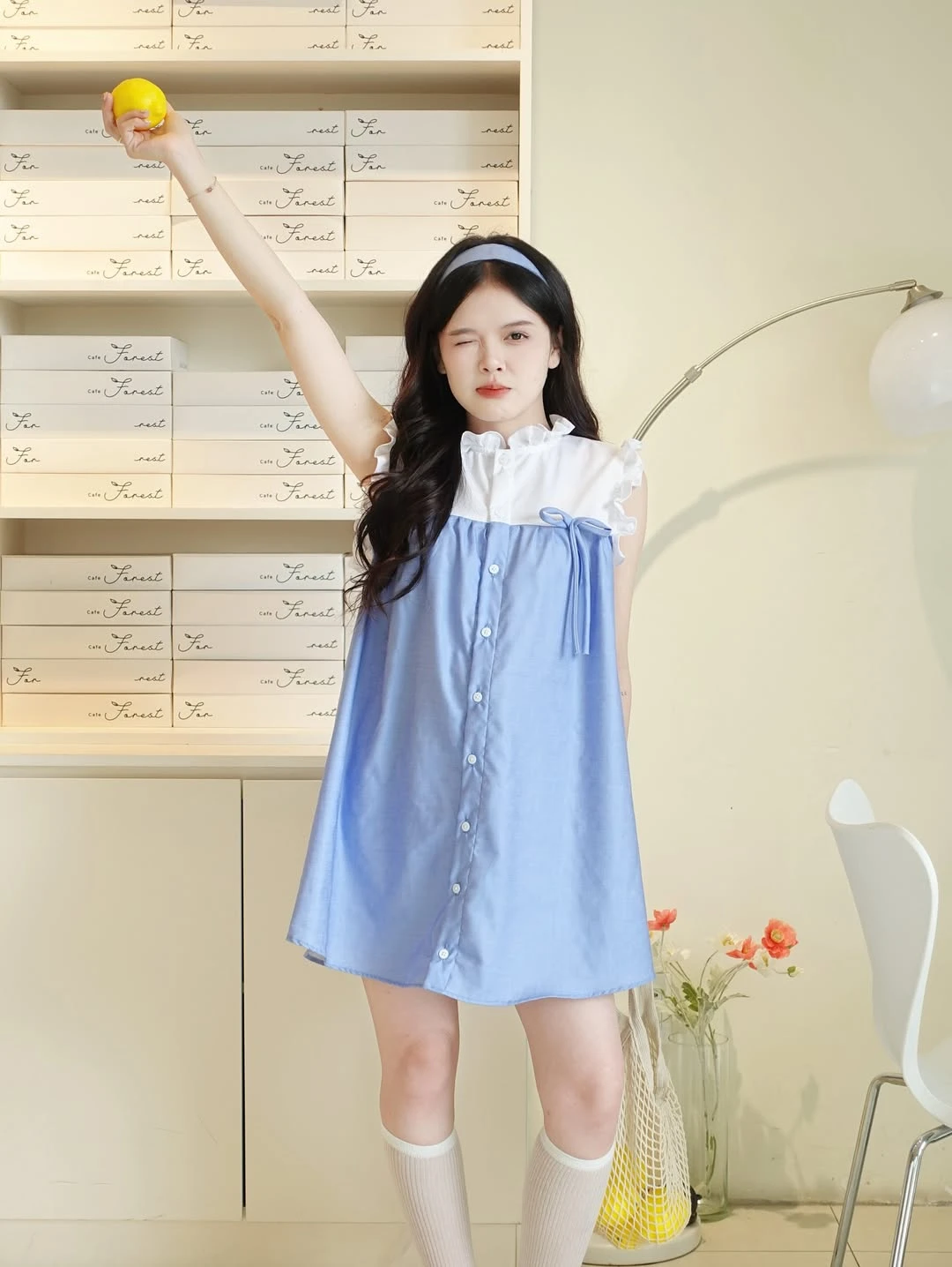 Đầm babydoll xanh nhạt phối trắng bèo