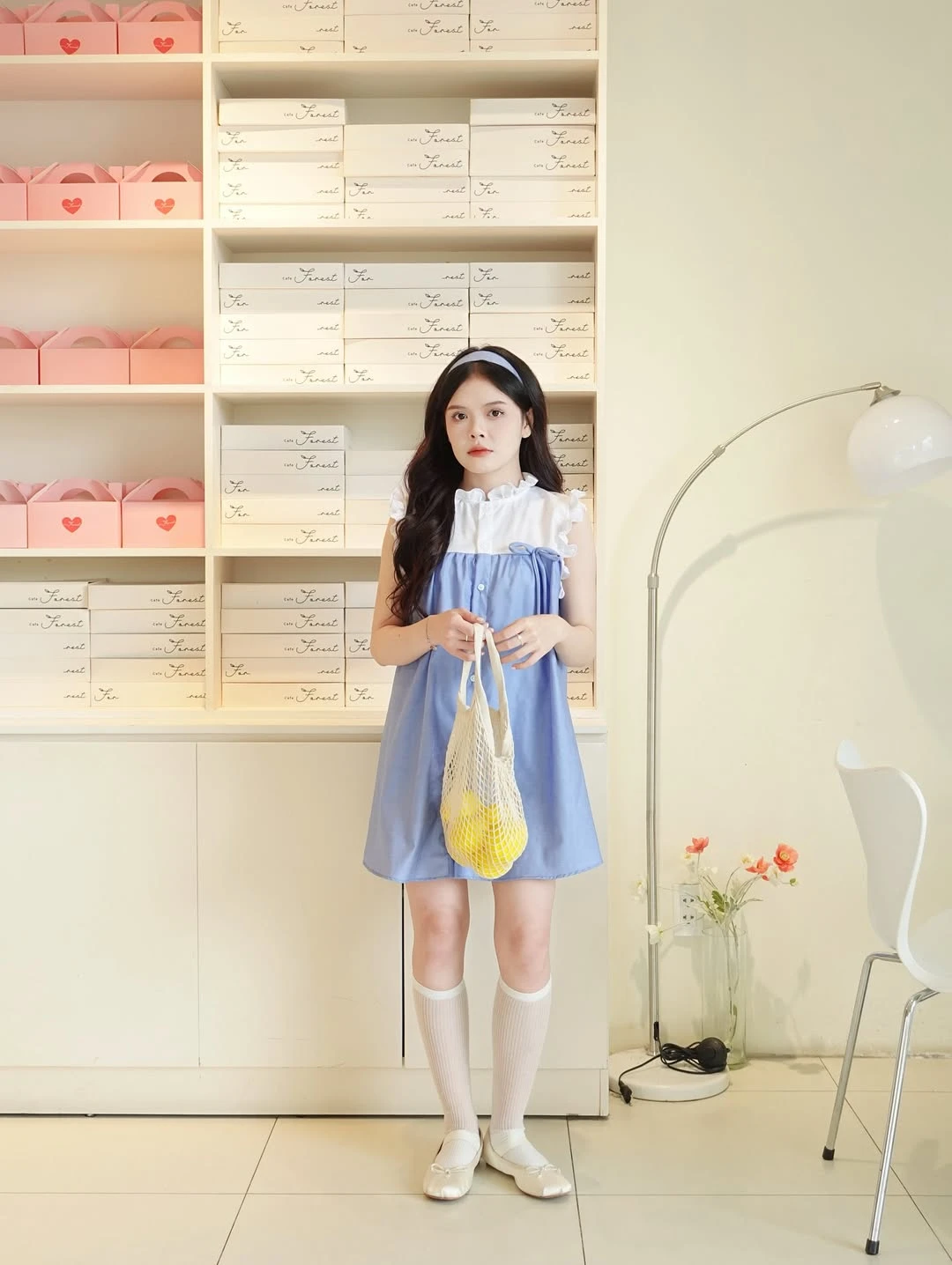 Đầm babydoll xanh nhạt phối trắng bèo