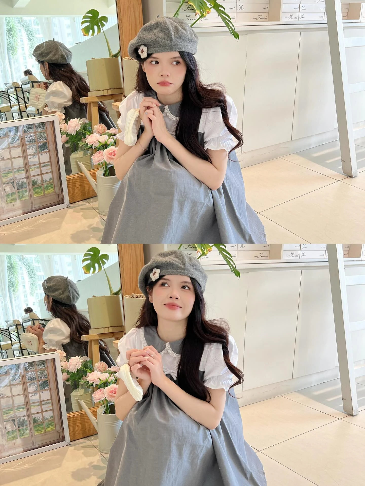 Đầm babydoll xám phối trắng bèo