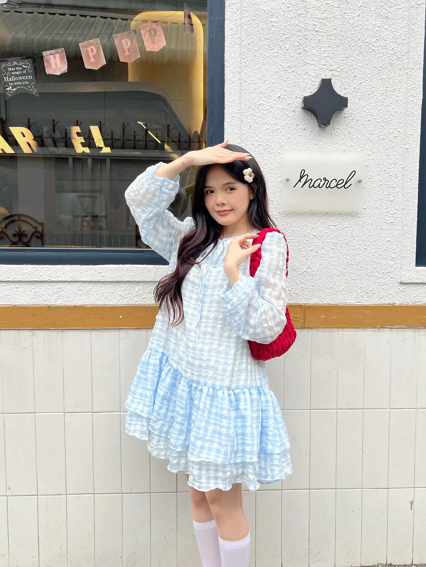 Đầm babydoll caro xanh dương tay dài