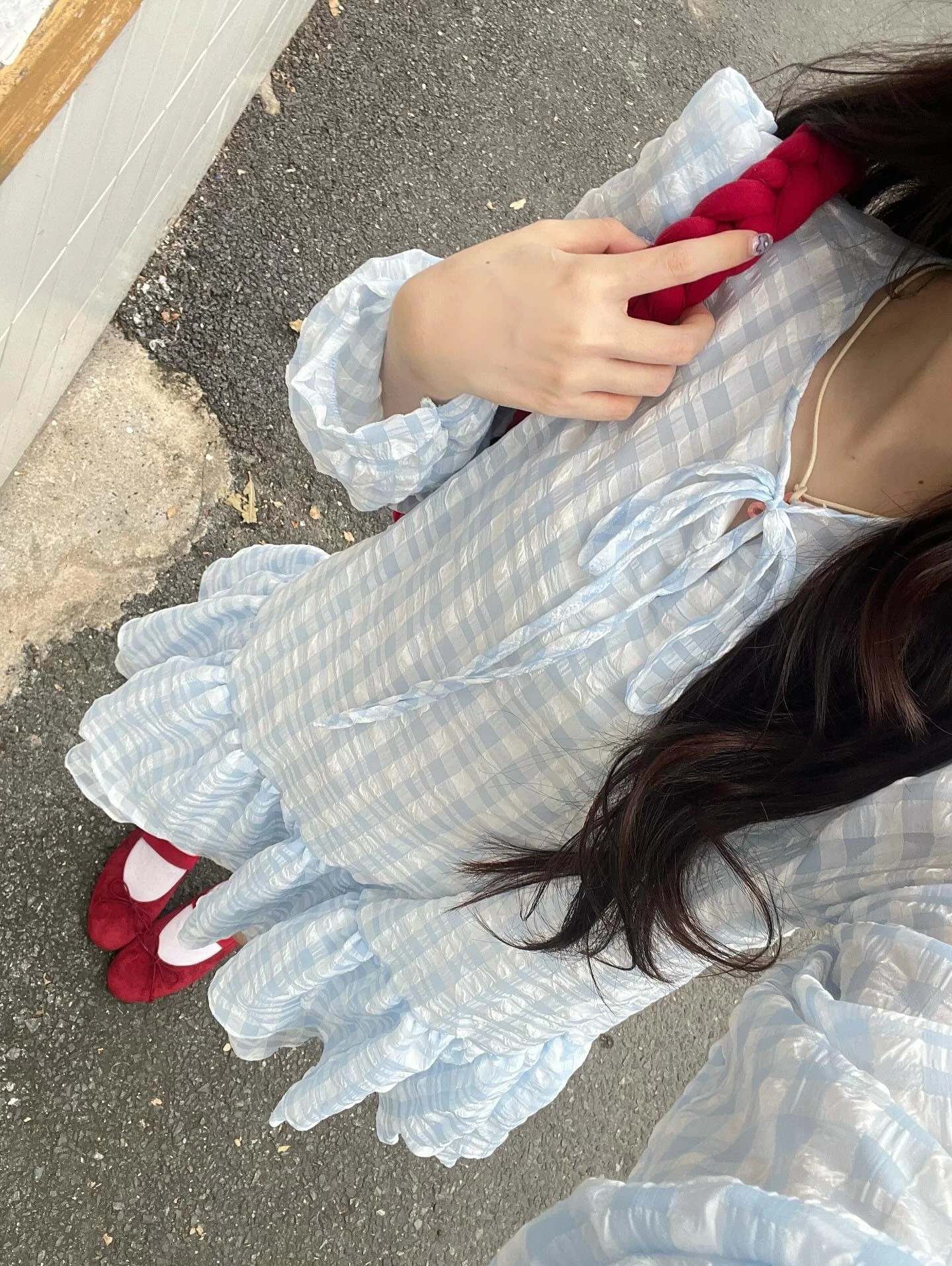 Đầm babydoll caro xanh dương tay dài