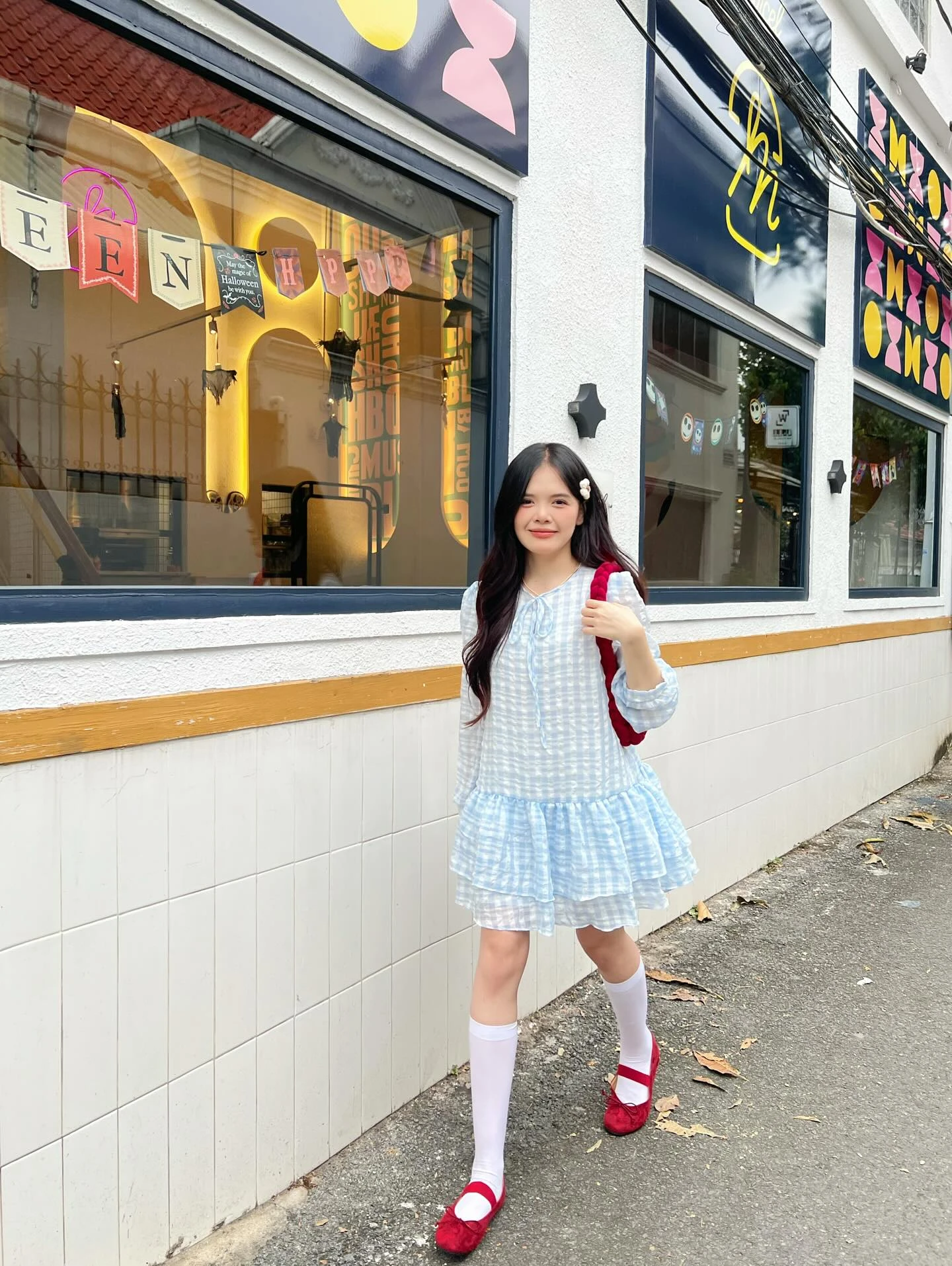 Đầm babydoll caro xanh dương tay dài