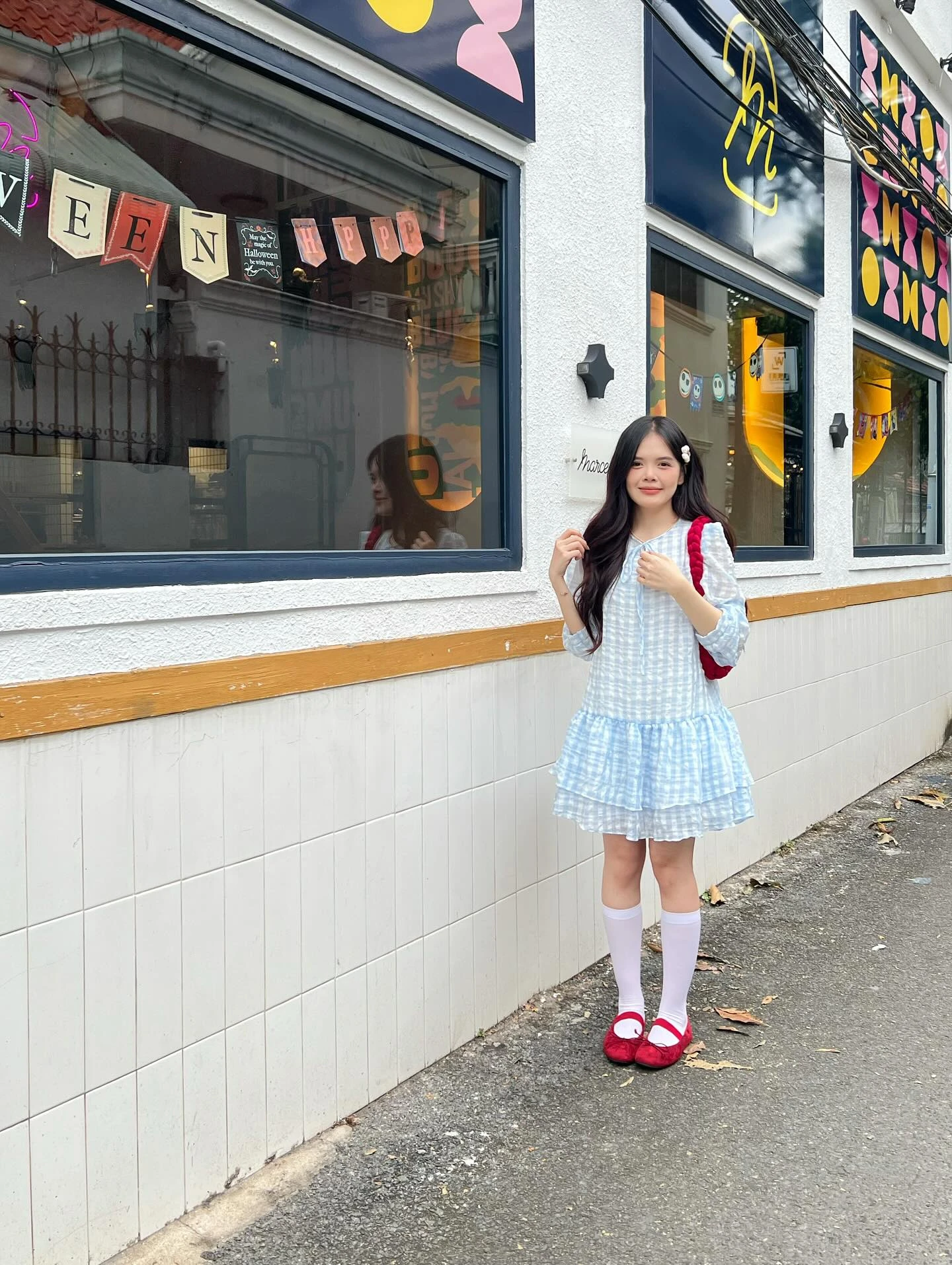 Đầm babydoll caro xanh dương tay dài