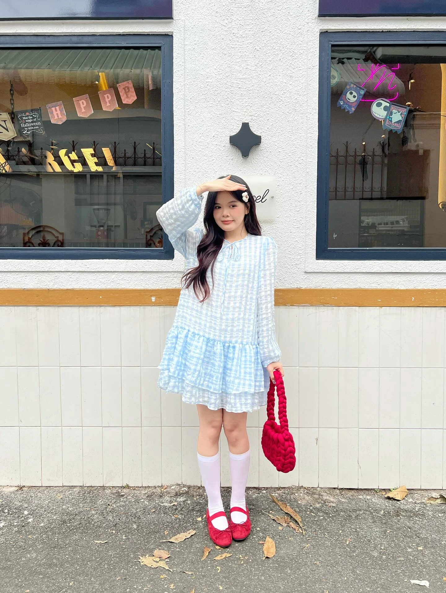 Đầm babydoll caro xanh dương tay dài