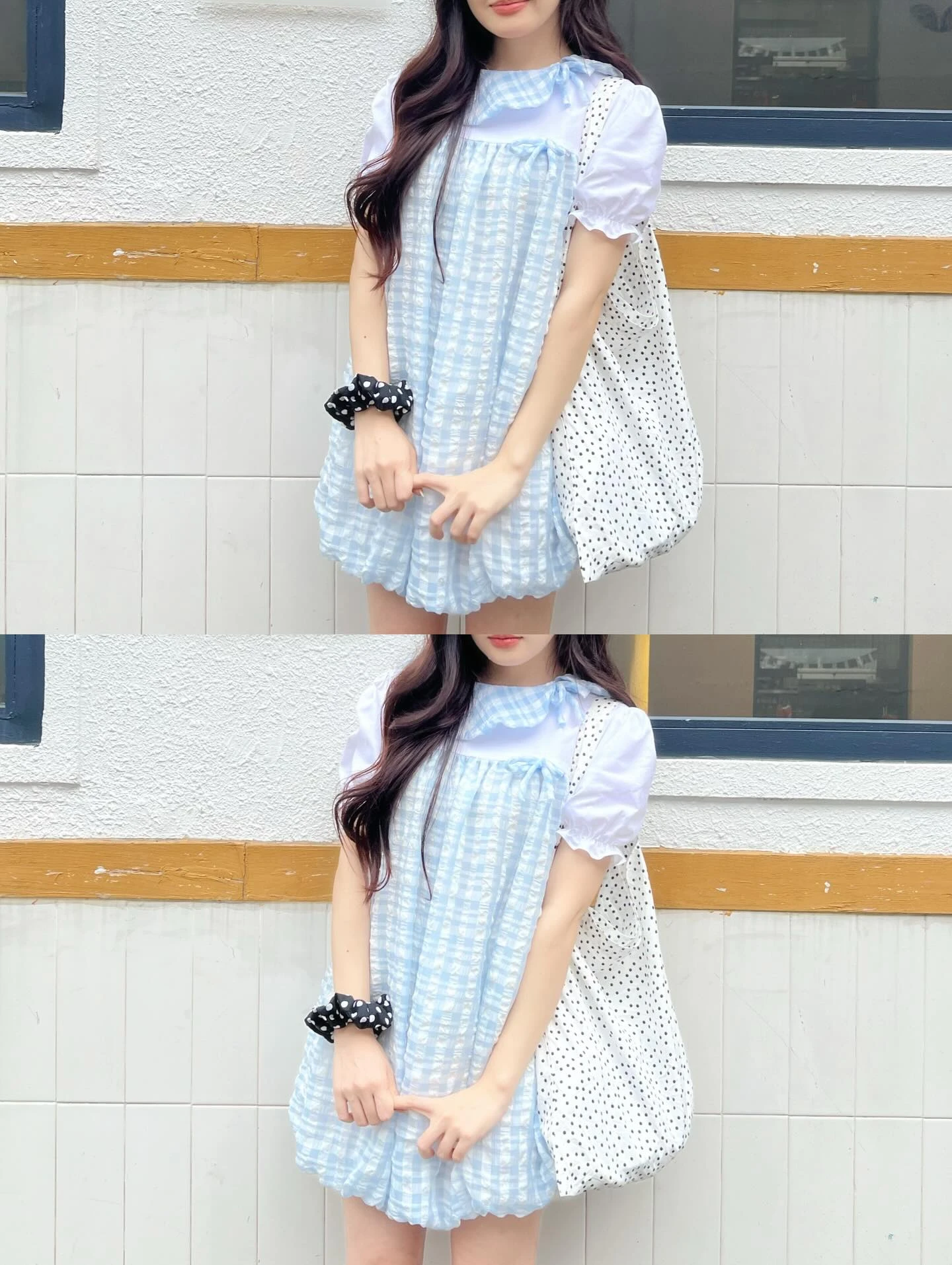 Đầm babydoll caro xanh dương tùng bí phối trắng