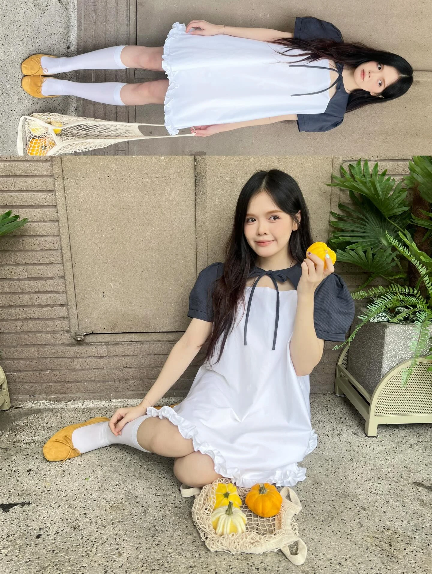 Đầm babydoll trắng phối tây caro xanh