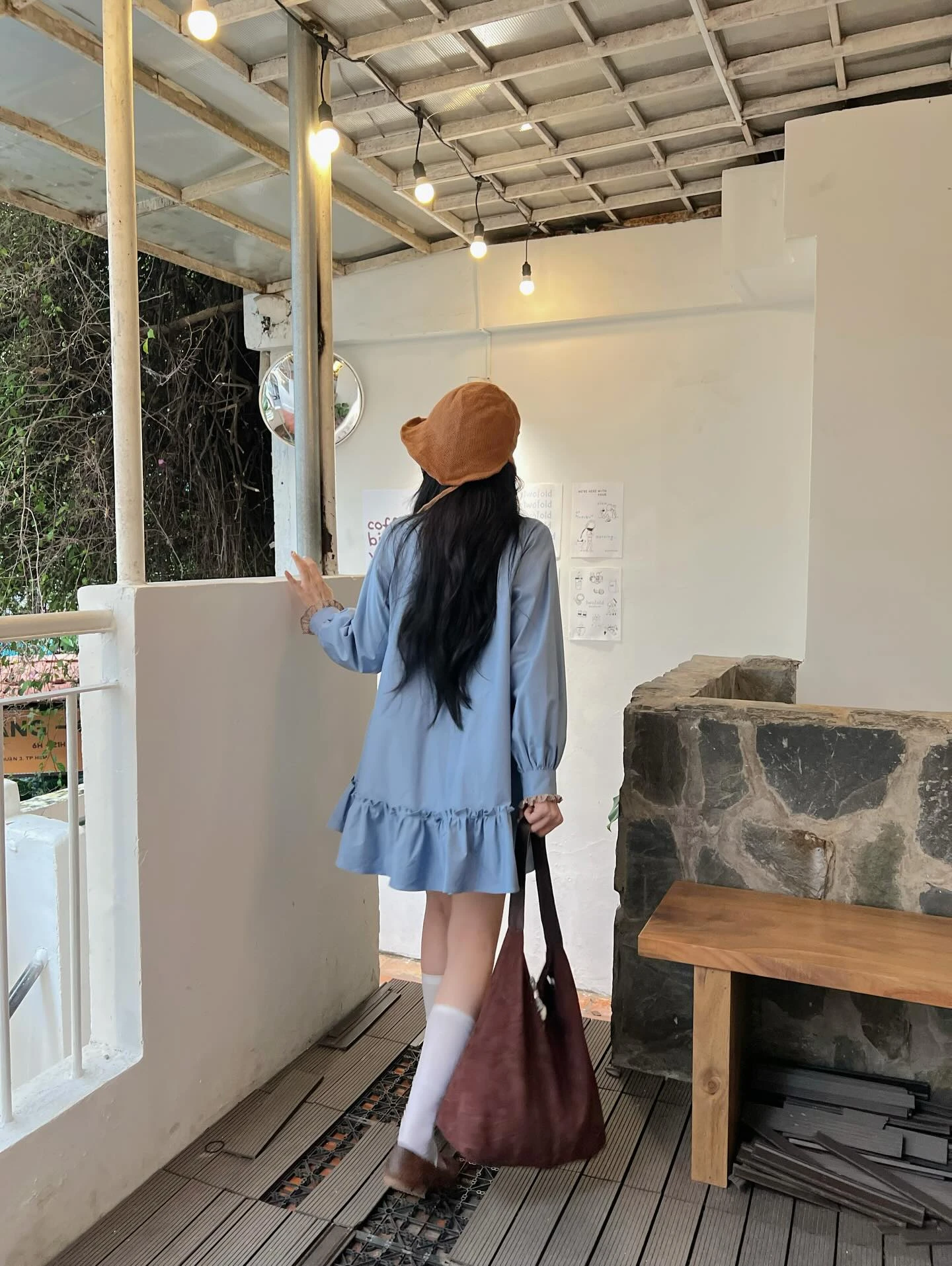 Đầm babydoll xanh dương phối caro nâu tay dài