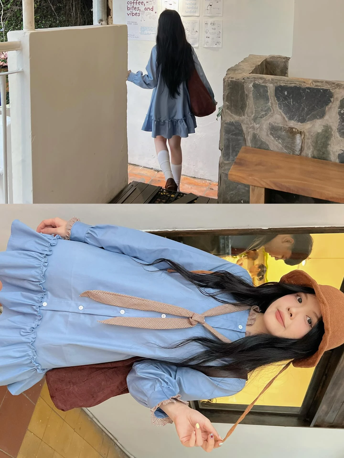 Đầm babydoll xanh dương phối caro nâu tay dài