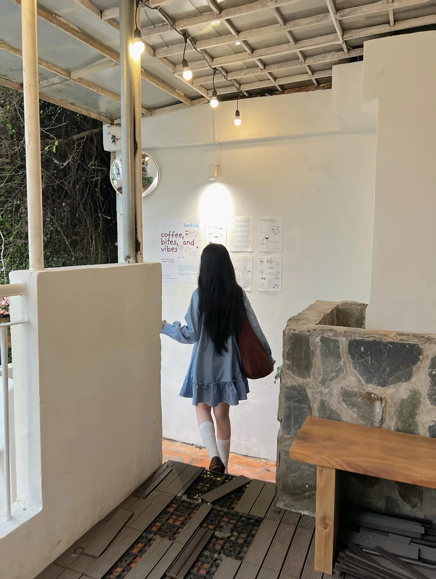 Đầm babydoll xanh dương phối caro nâu