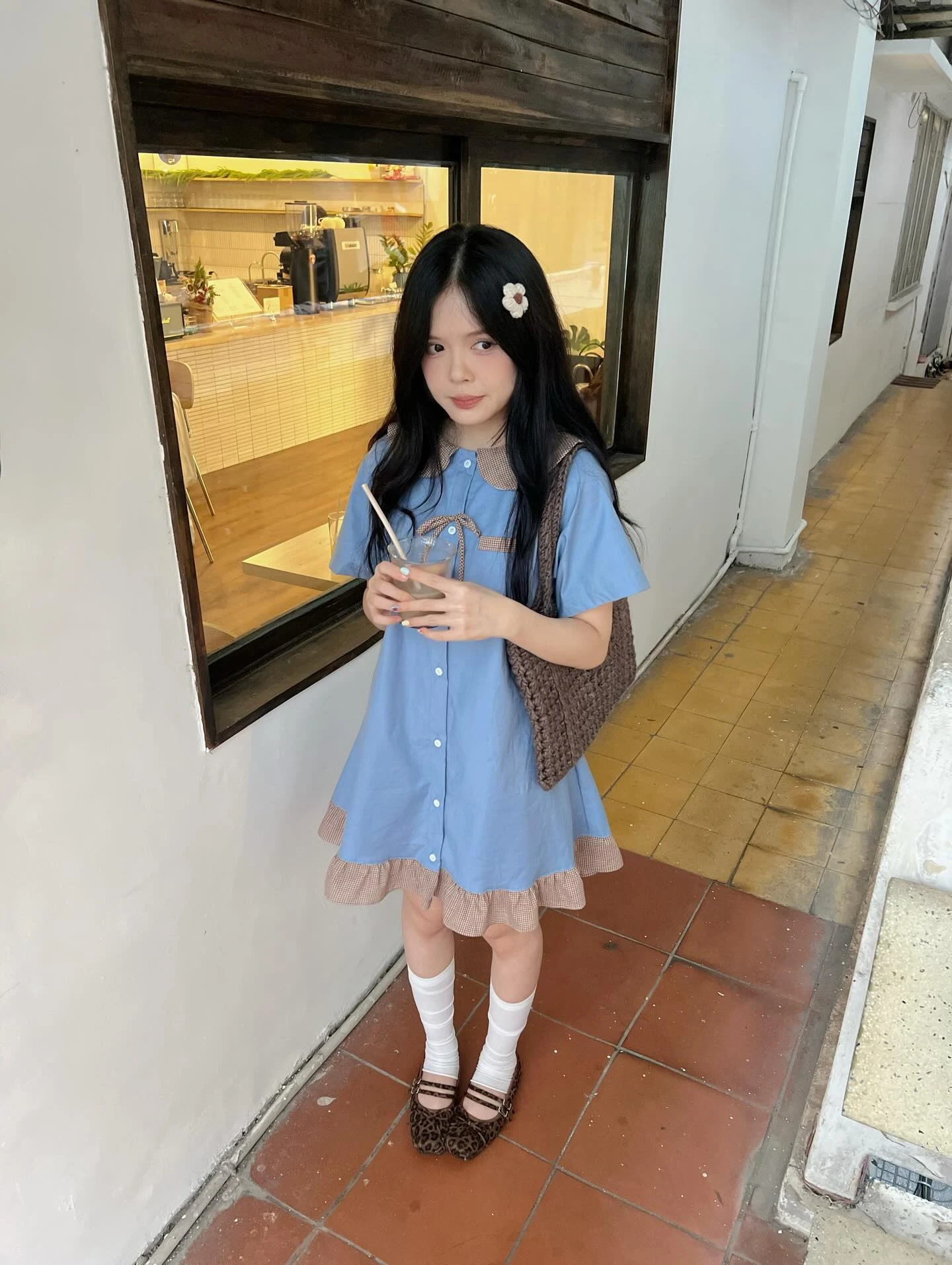 Đầm babydoll xanh dương phối caro nâu