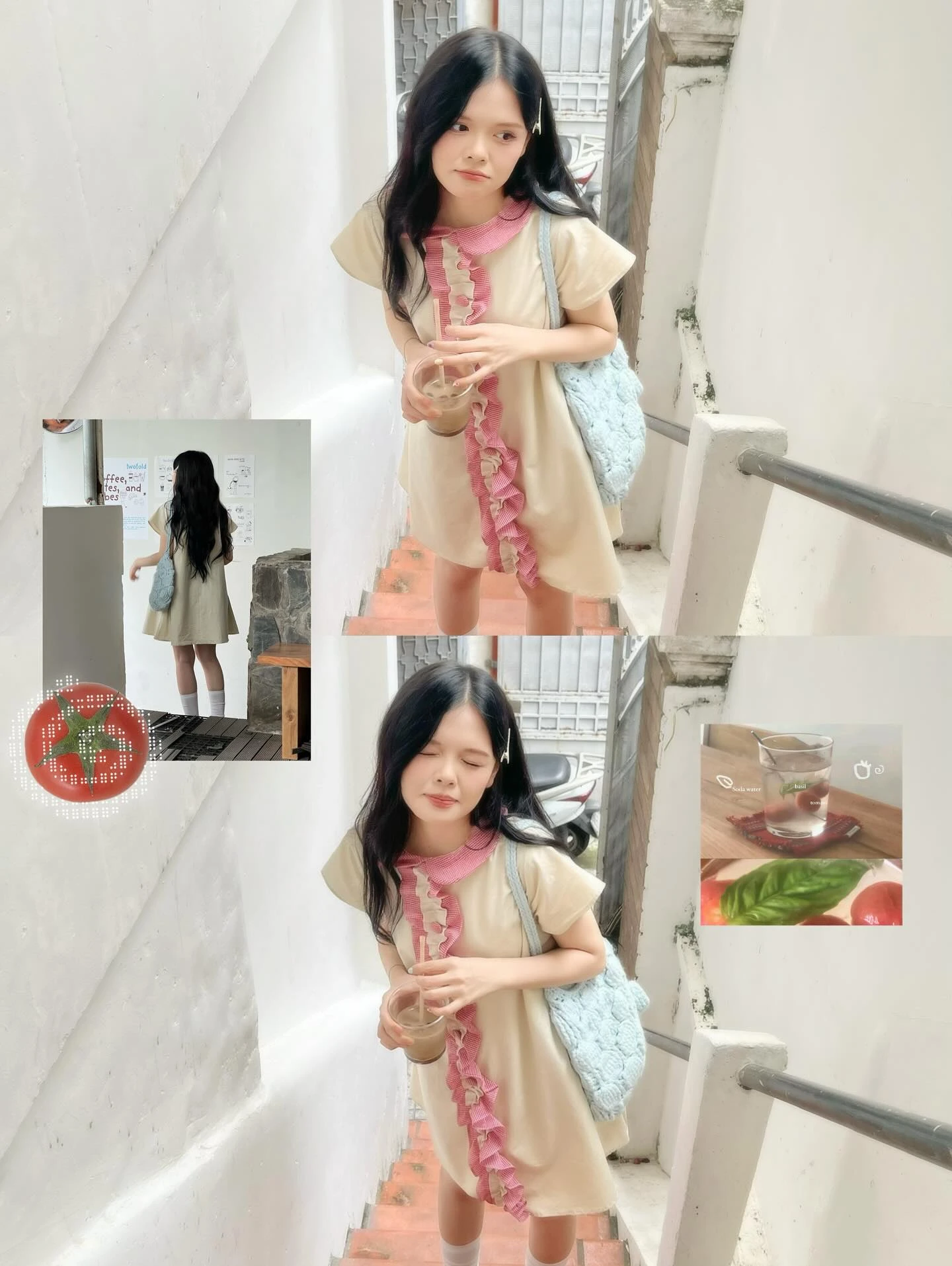  Đầm babydoll kem phối bèo caro đỏ 