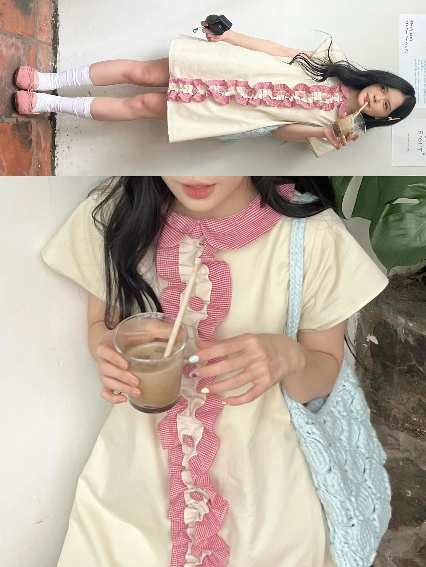 Đầm babydoll kem phối bèo caro đỏ