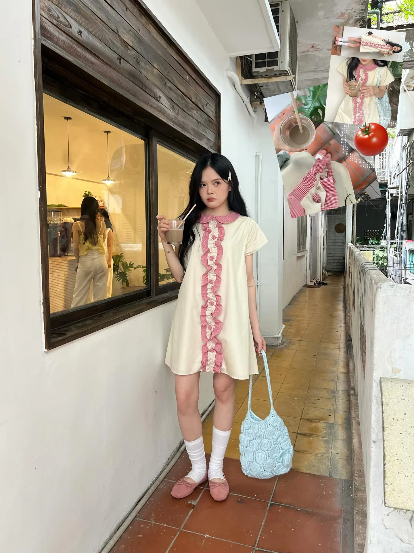 Đầm babydoll kem phối bèo caro đỏ