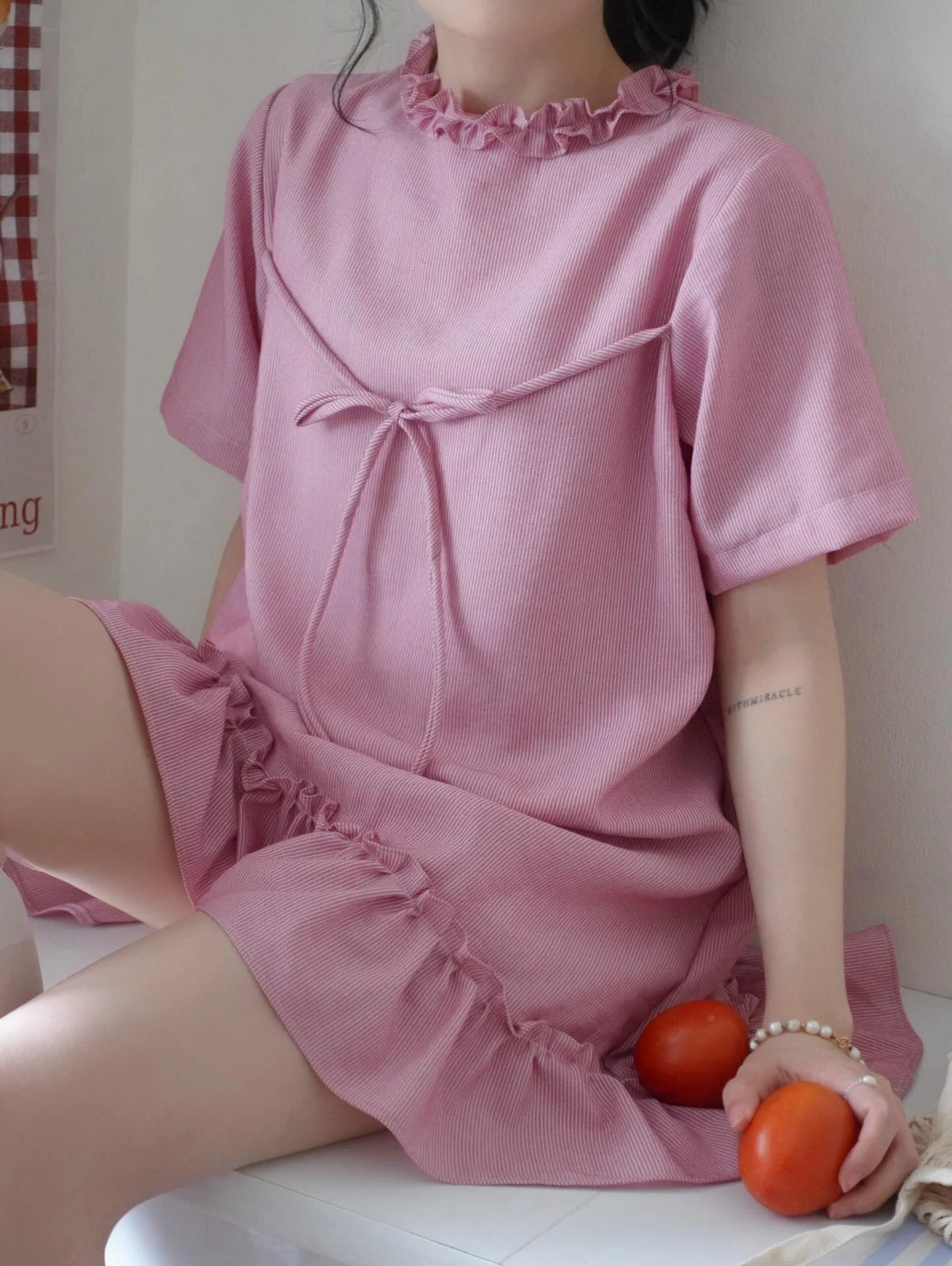 Đầm babydoll hồng kẻ sọc line bèo