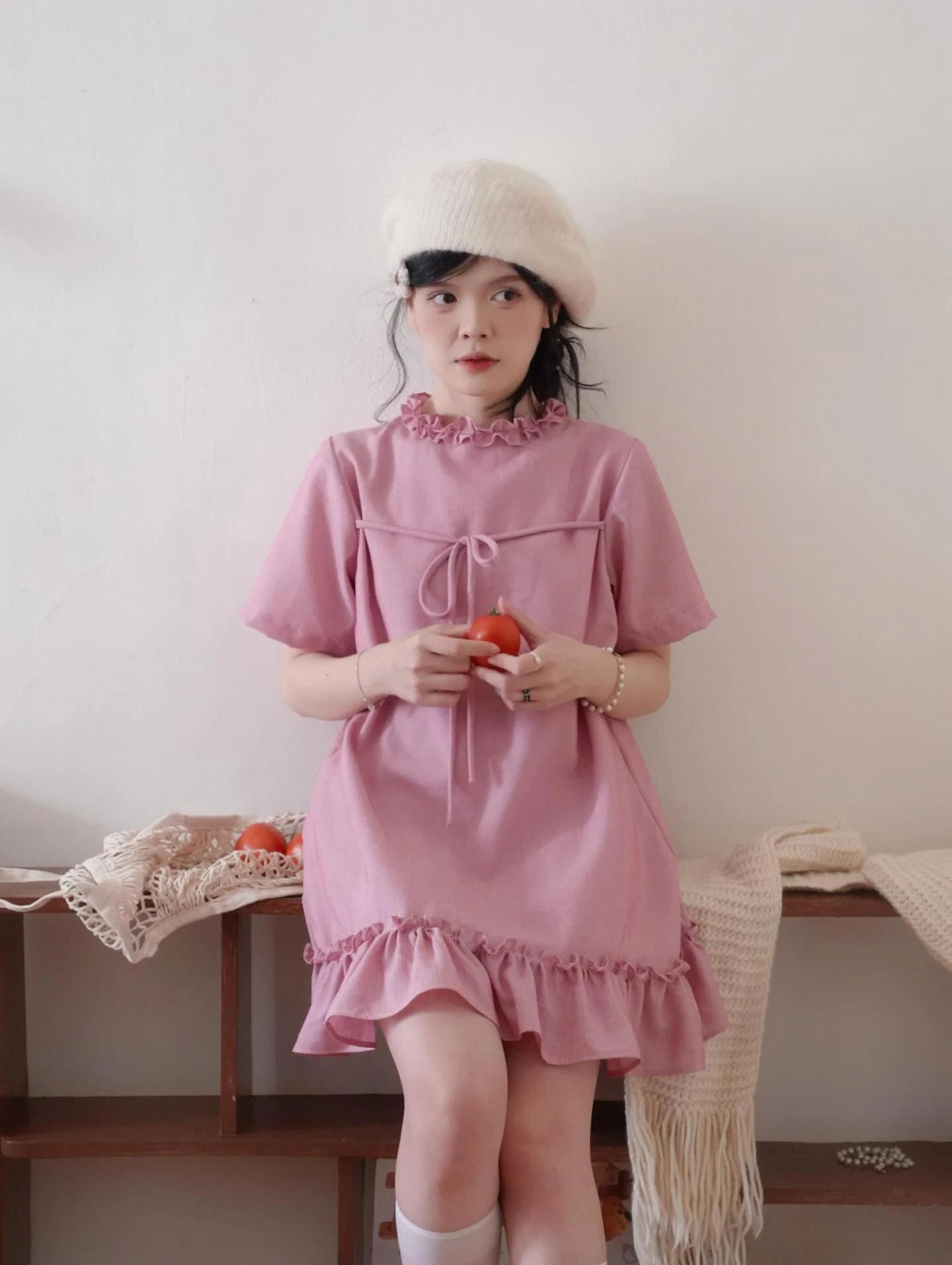 Đầm babydoll hồng kẻ sọc line bèo