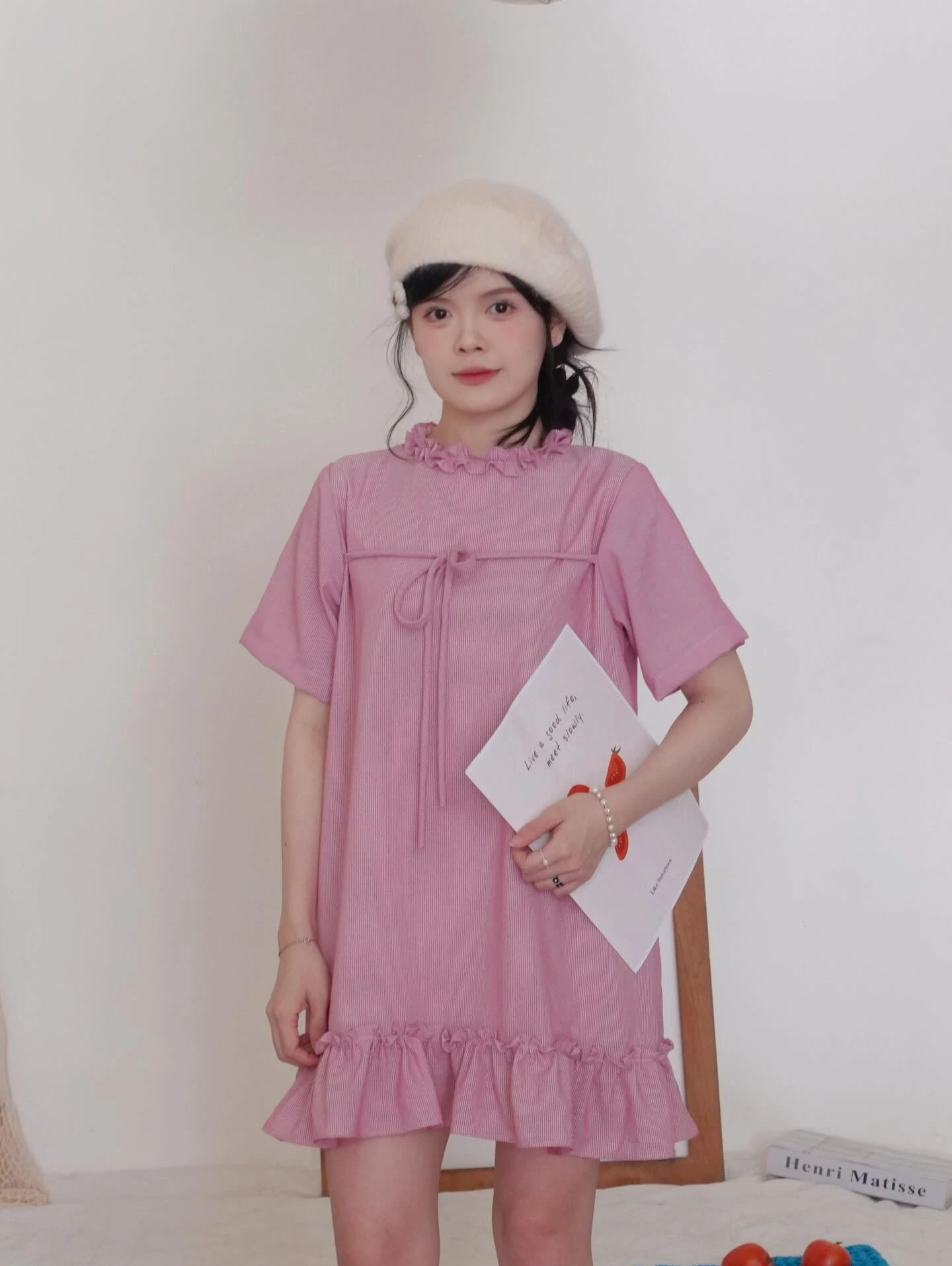 Đầm babydoll hồng kẻ sọc line bèo