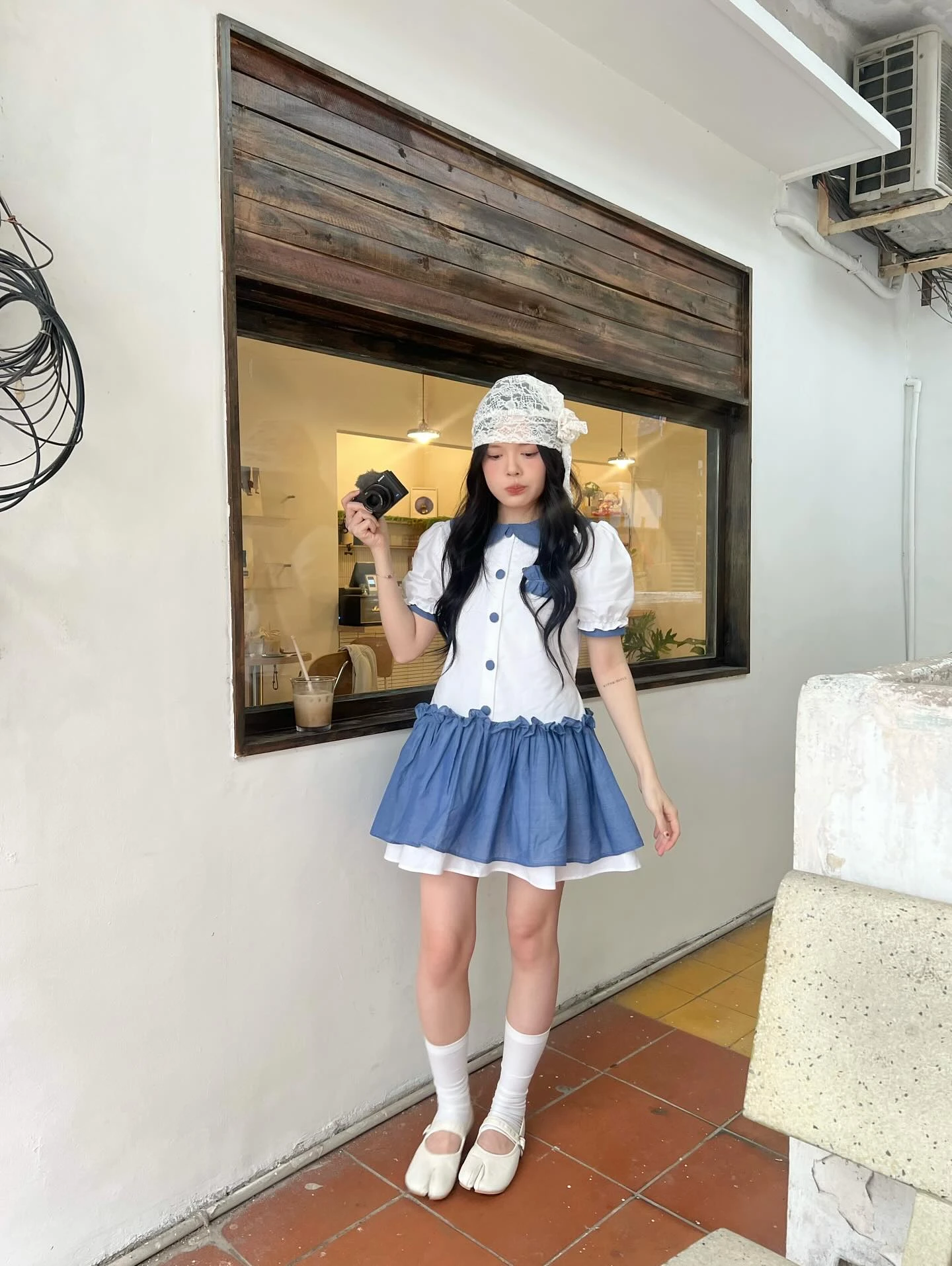 Đầm babydoll sơ mi phối tùng xanh caro 2 lớp