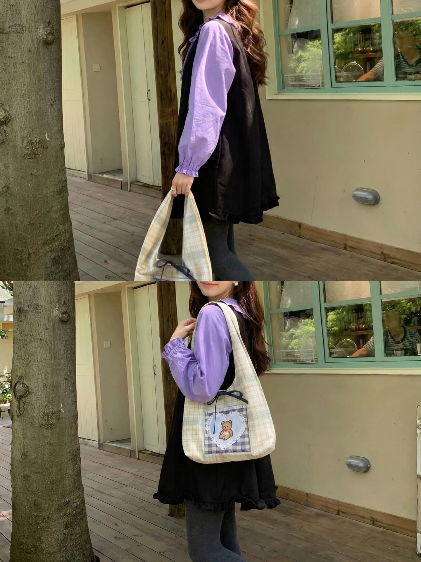 Đầm babydoll đen phối tím tay dài