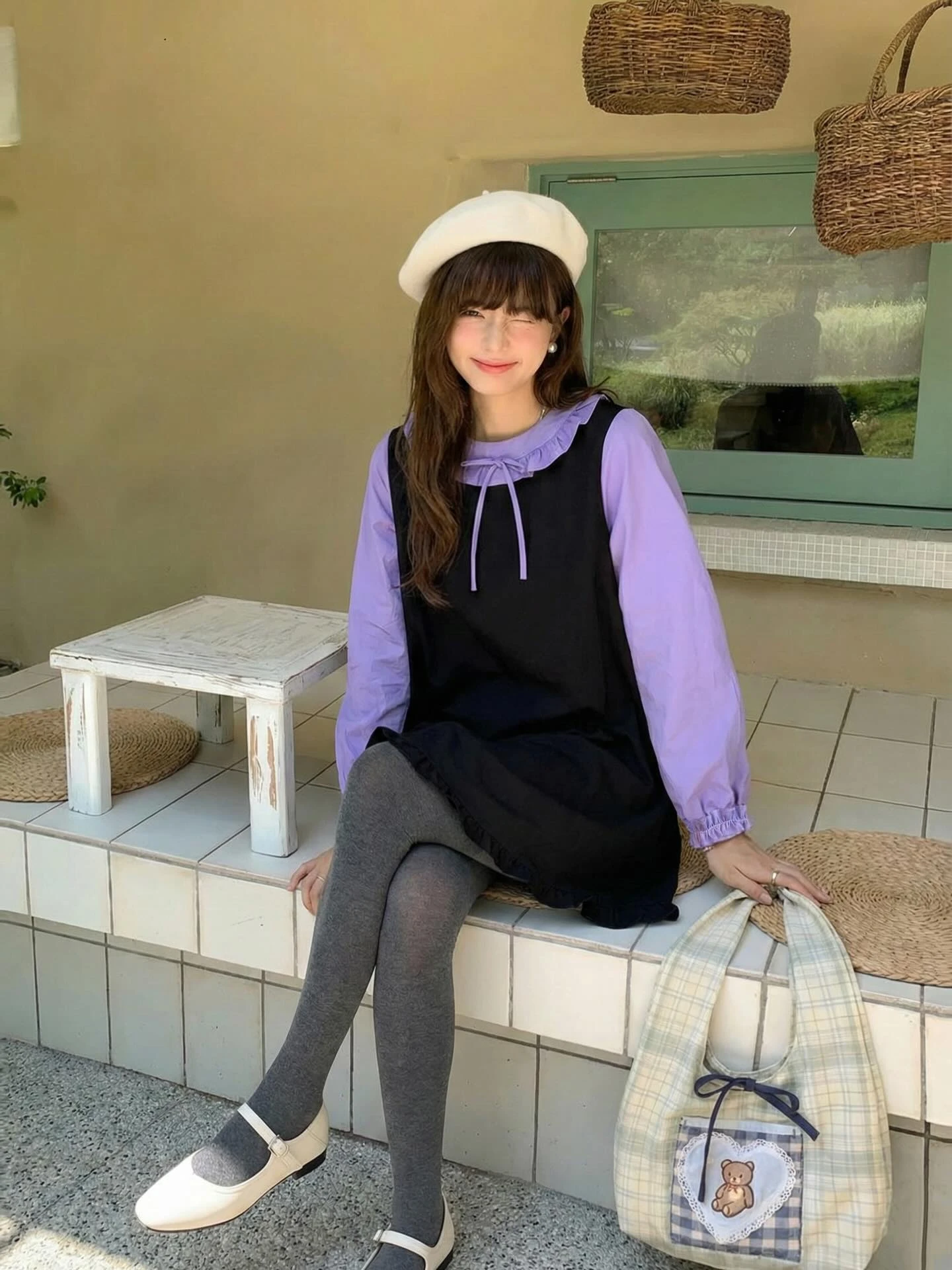 Đầm babydoll đen phối tím tay dài