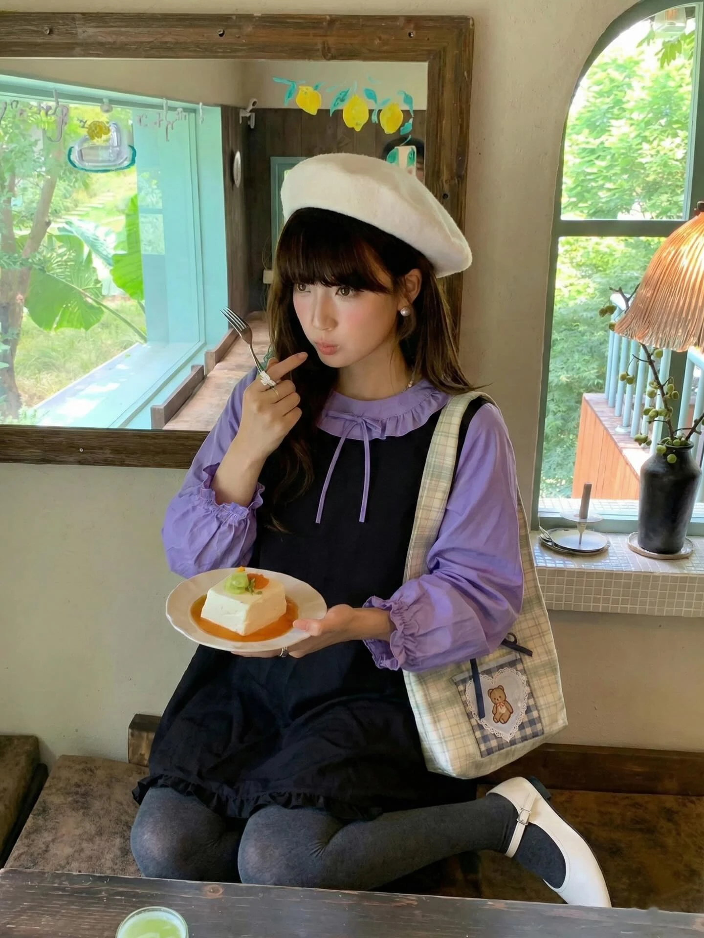 Đầm babydoll đen phối tím tay dài