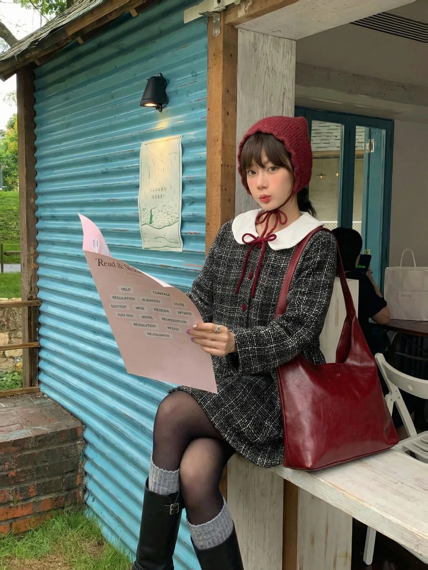 Đầm babydoll dạ đen than đính nút đỏ