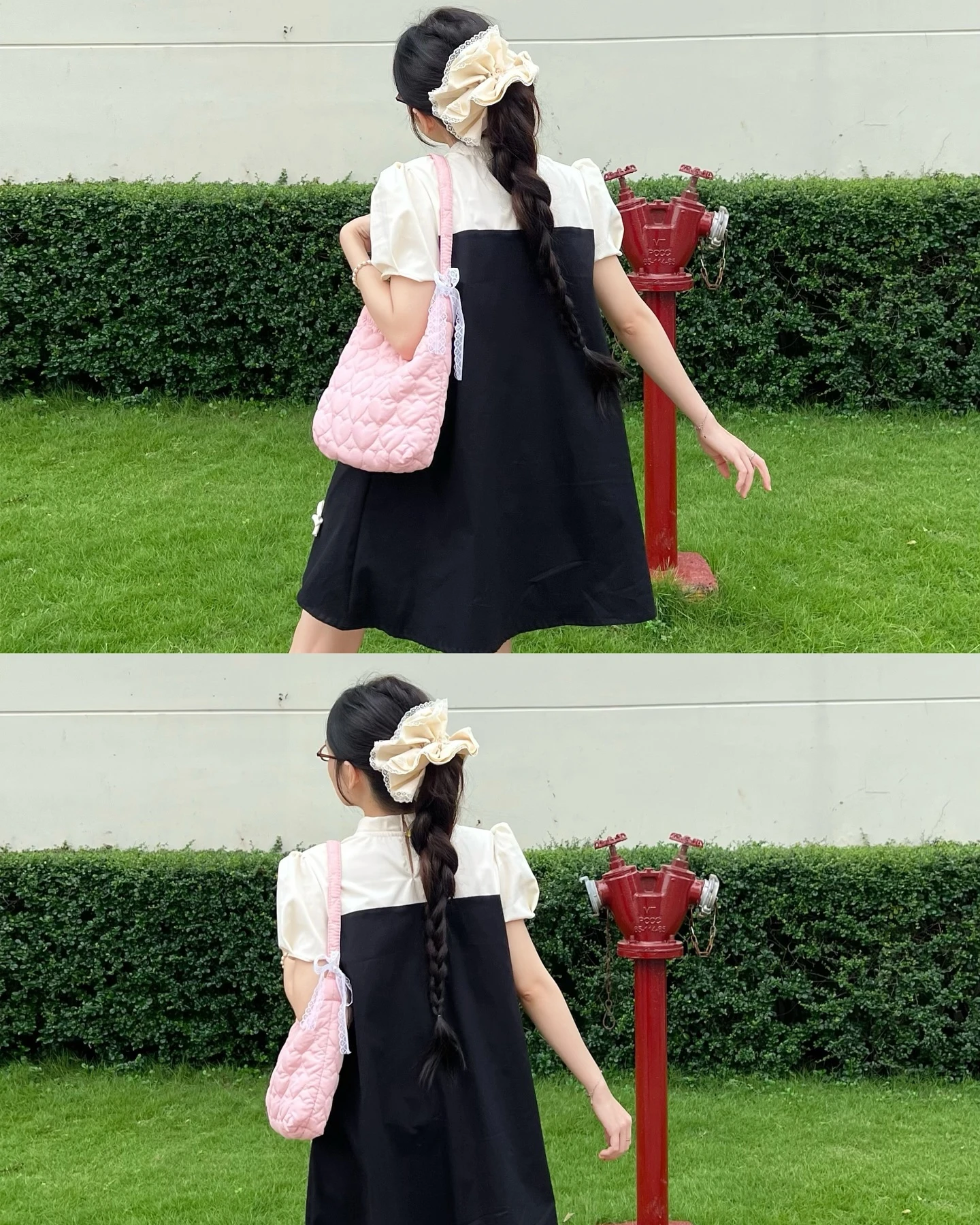 Đầm babydoll đen phối kem nhiều nơ 