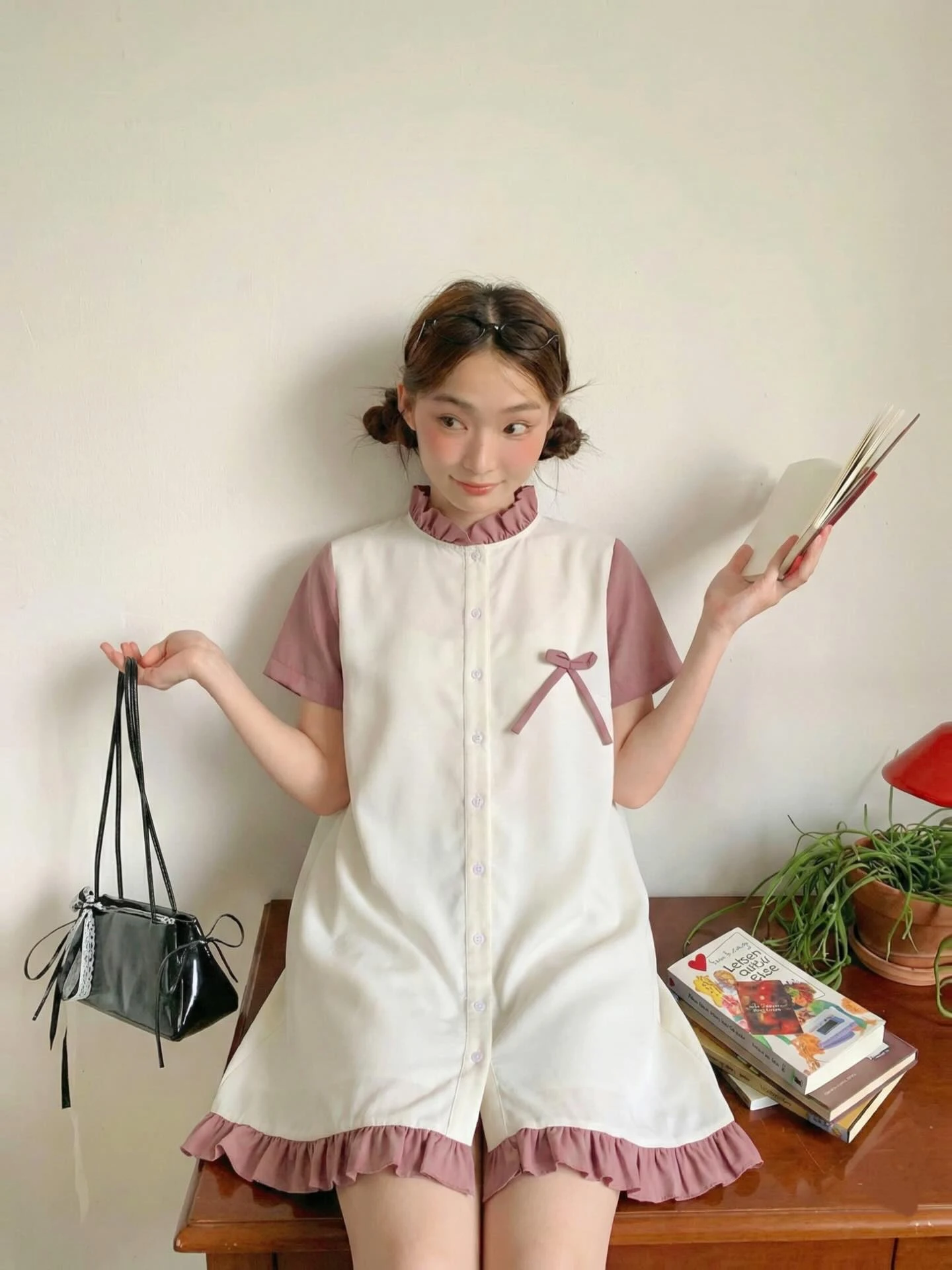 Đầm babydoll sơ mi kem phối hồng bèo