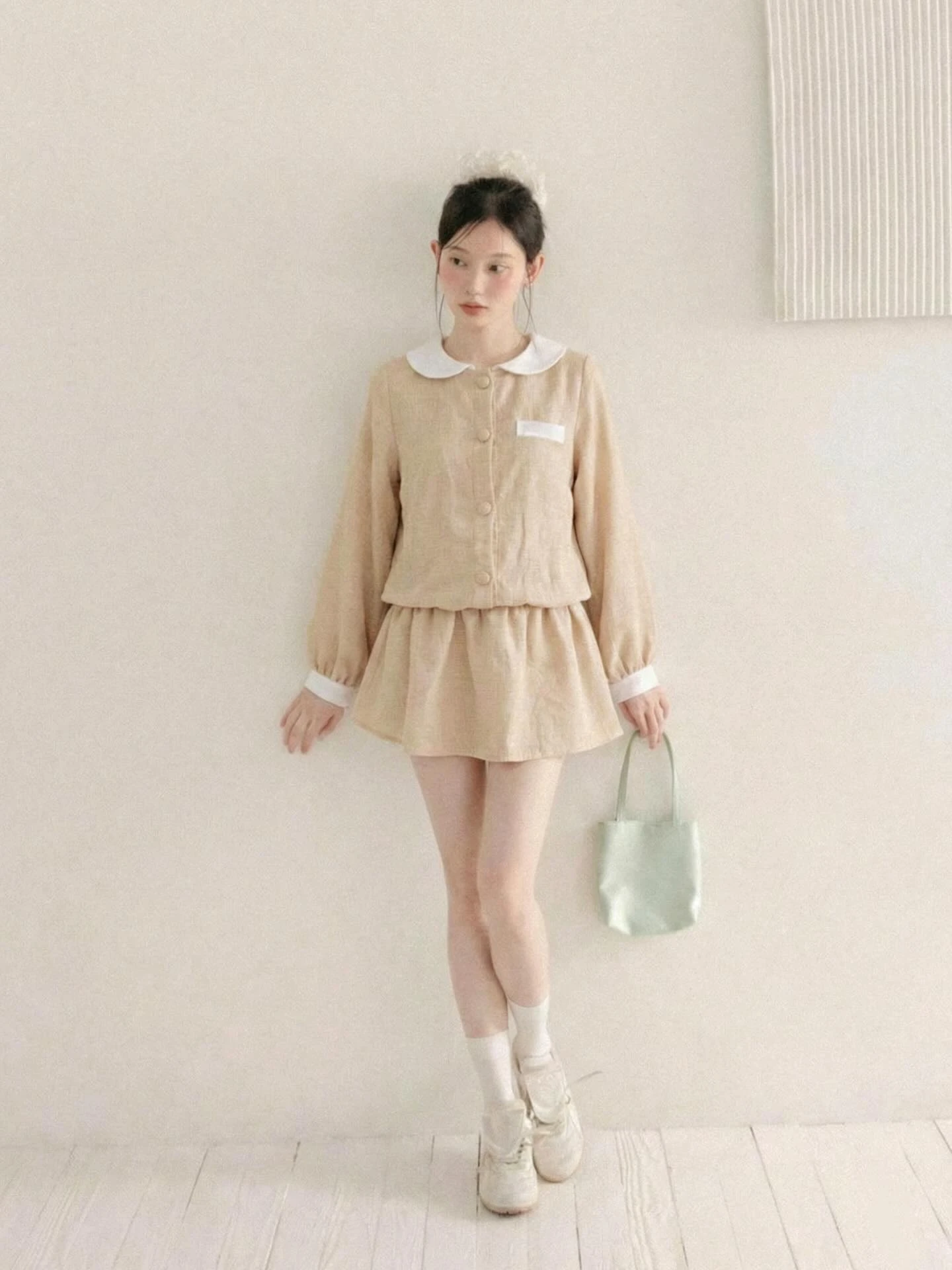  Set babydoll caro nâu nhạt bo chun kèm bảo hộ 