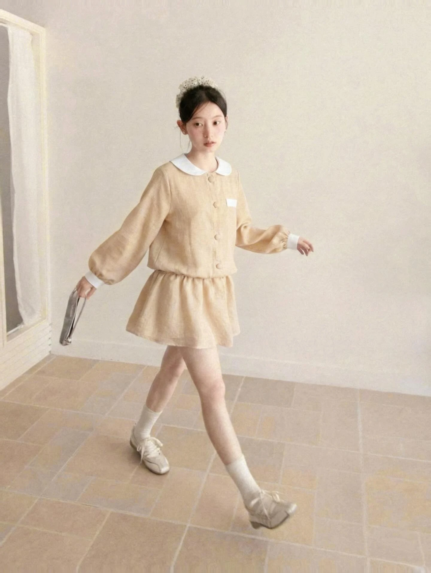 Set babydoll caro nâu nhạt bo chun kèm bảo hộ