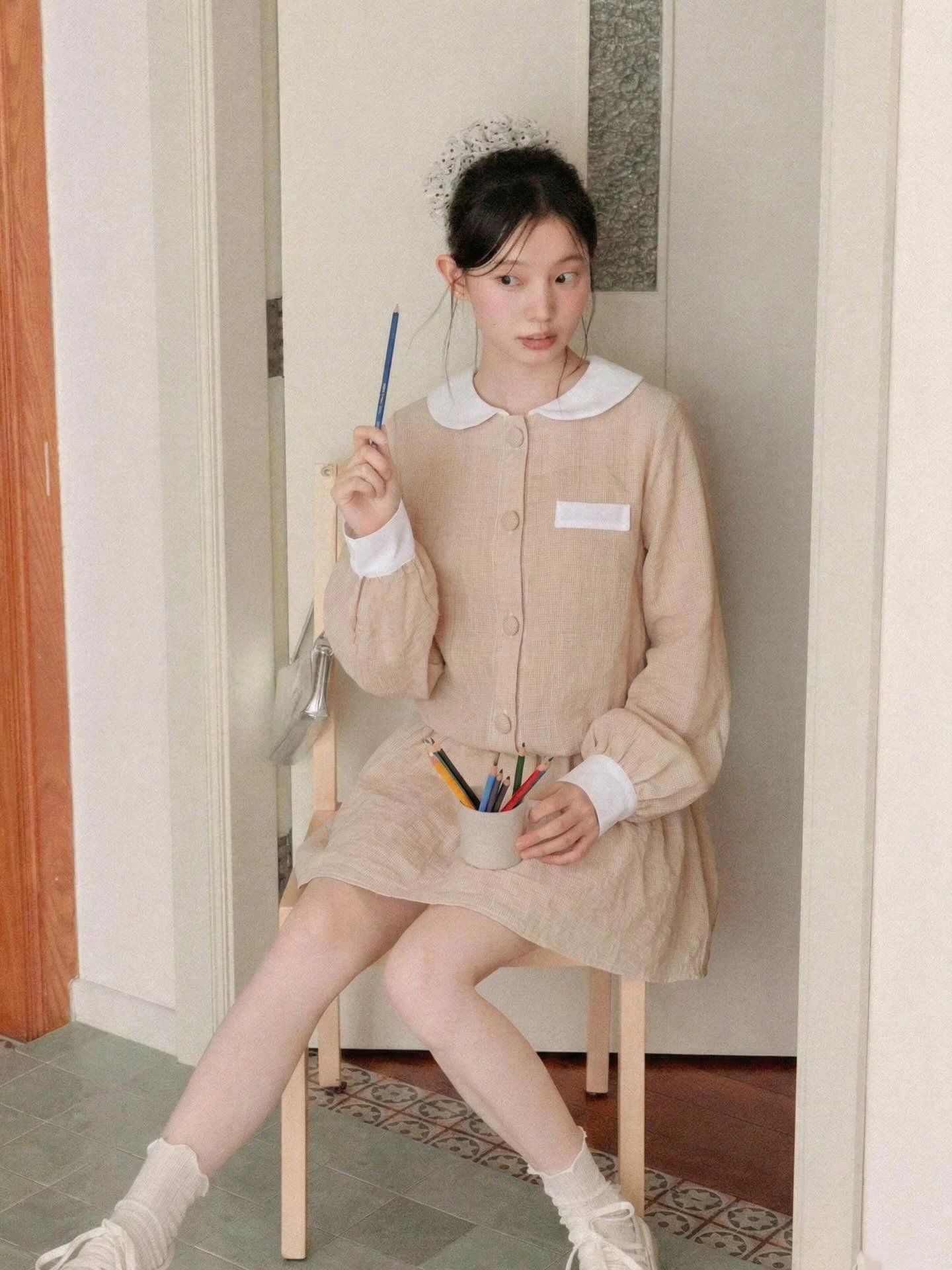 Set babydoll caro nâu nhạt bo chun kèm bảo hộ