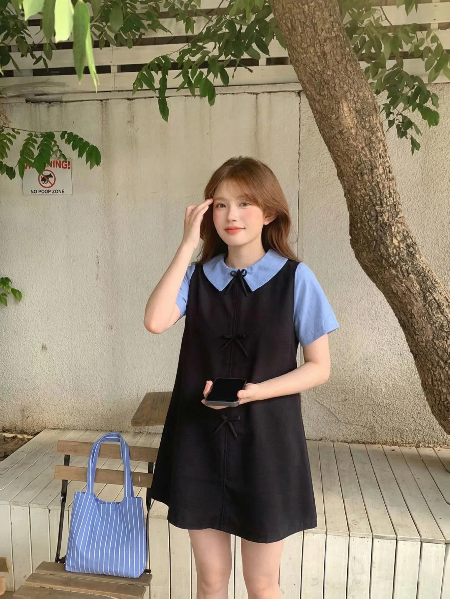  Đầm babydoll đen nơ phối cỗ + tay xanh dương 