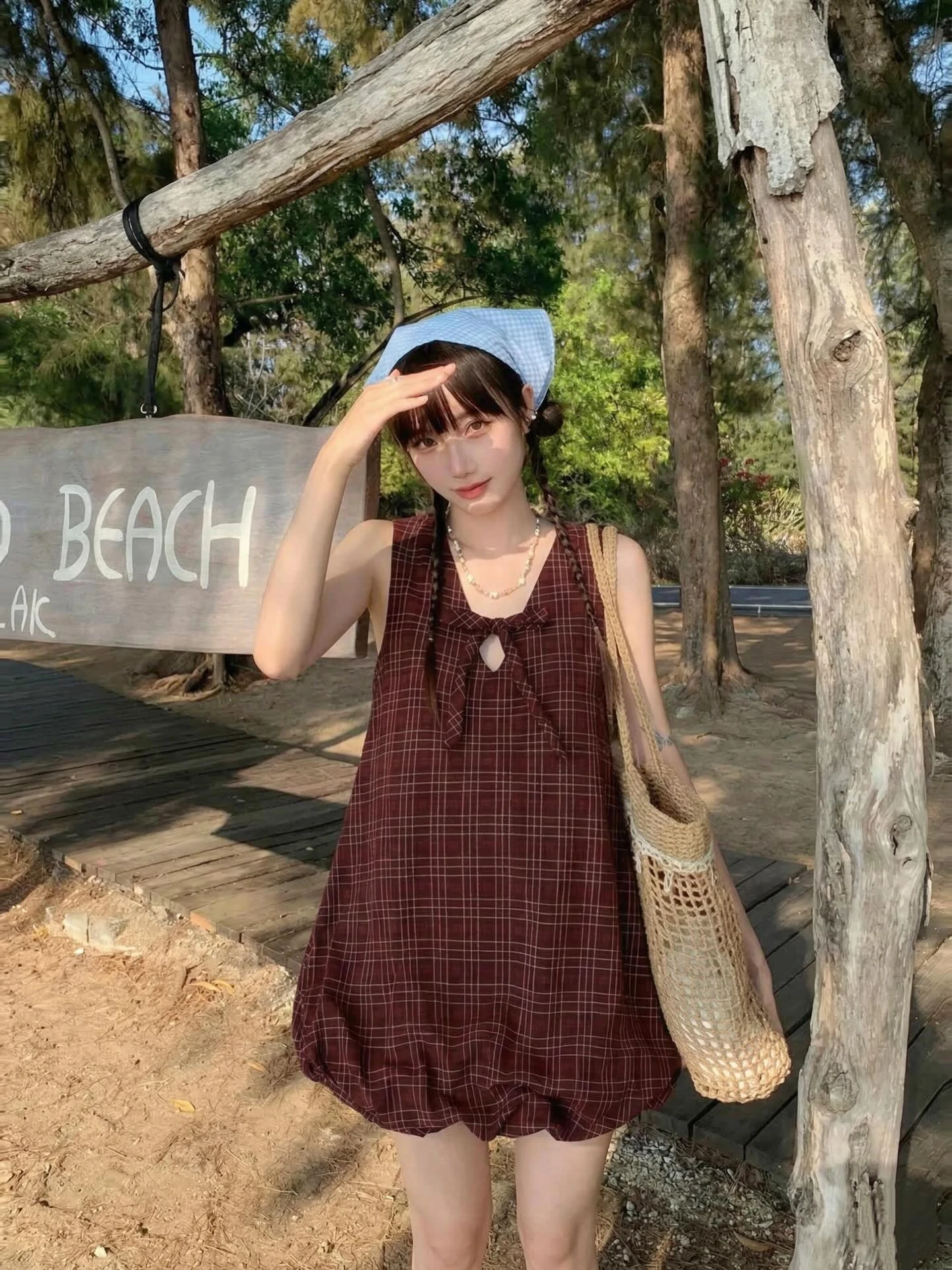 Đầm babydoll yếm caro đỏ tùng bí