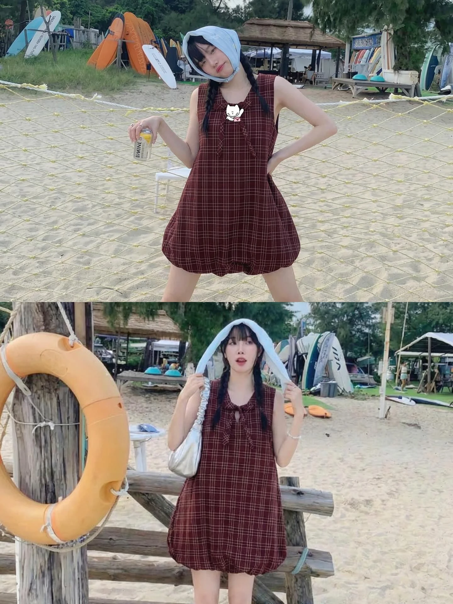 Đầm babydoll yếm caro đỏ tùng bí