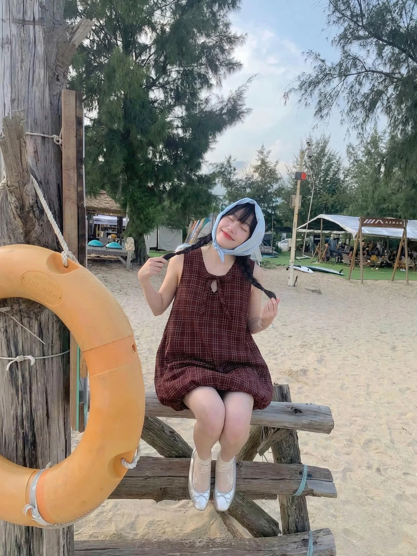 Đầm babydoll yếm caro đỏ tùng bí