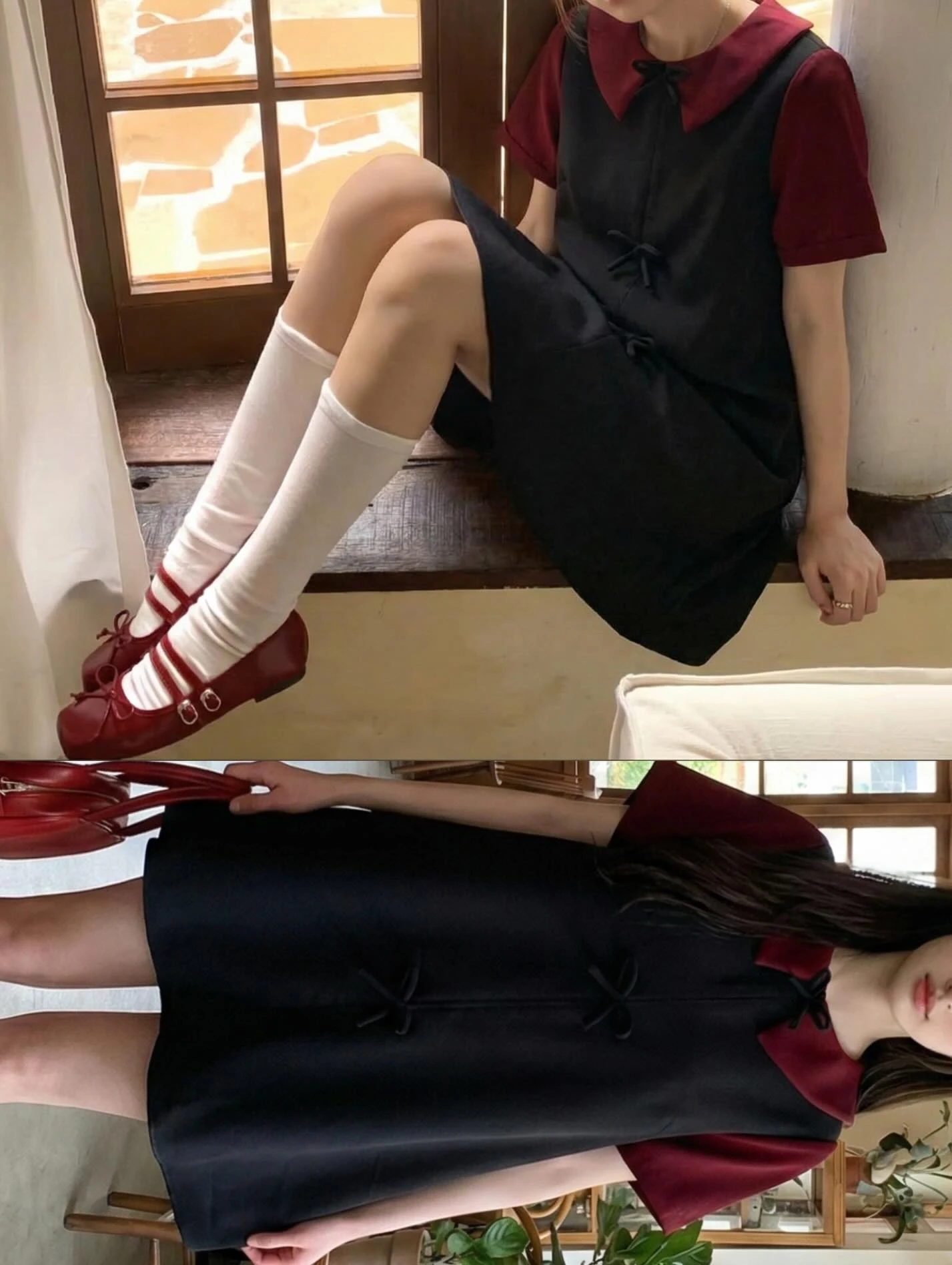 Đầm babydoll đen nơ phối đỏ đô