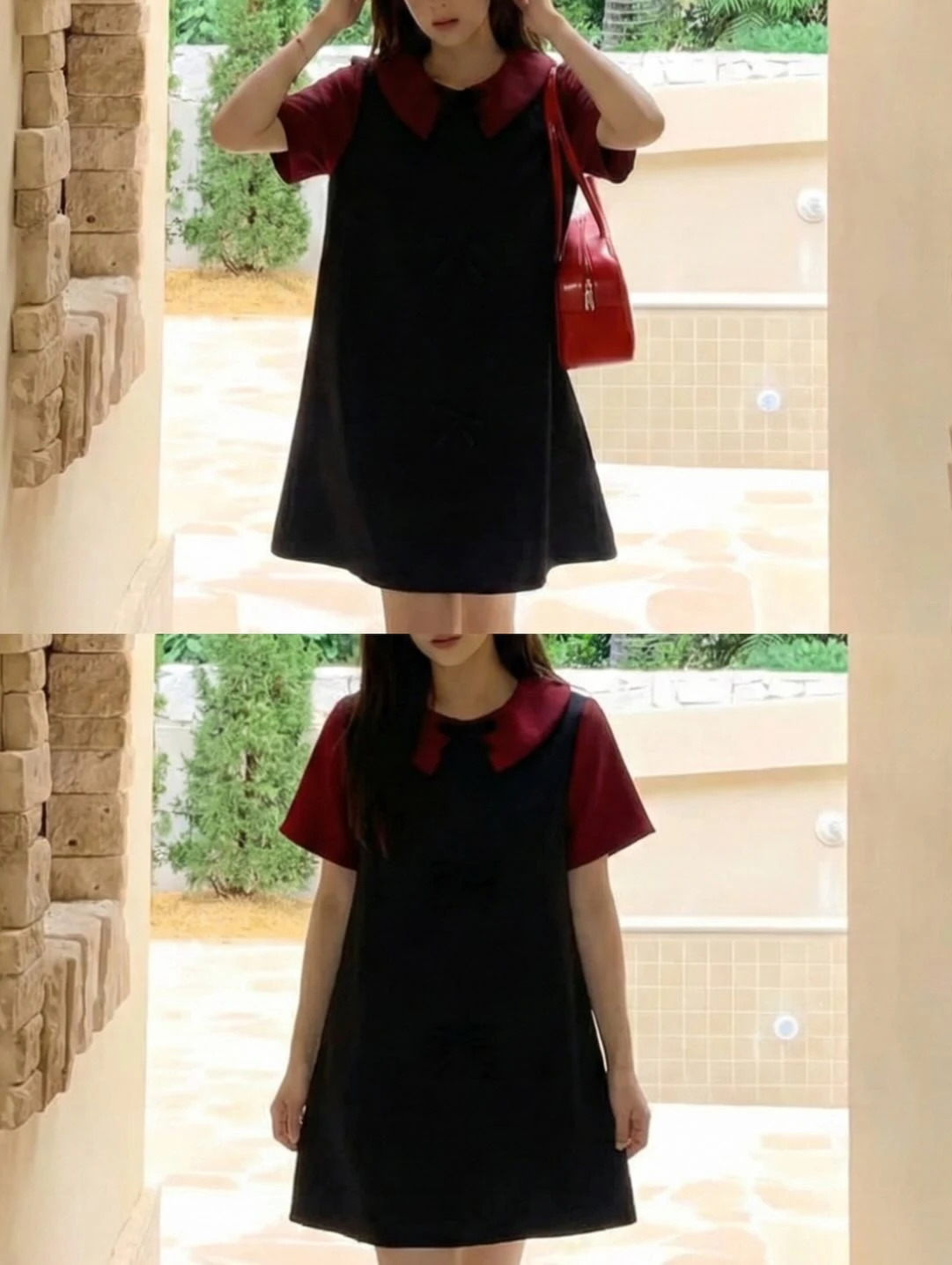 Đầm babydoll đen nơ phối đỏ đô