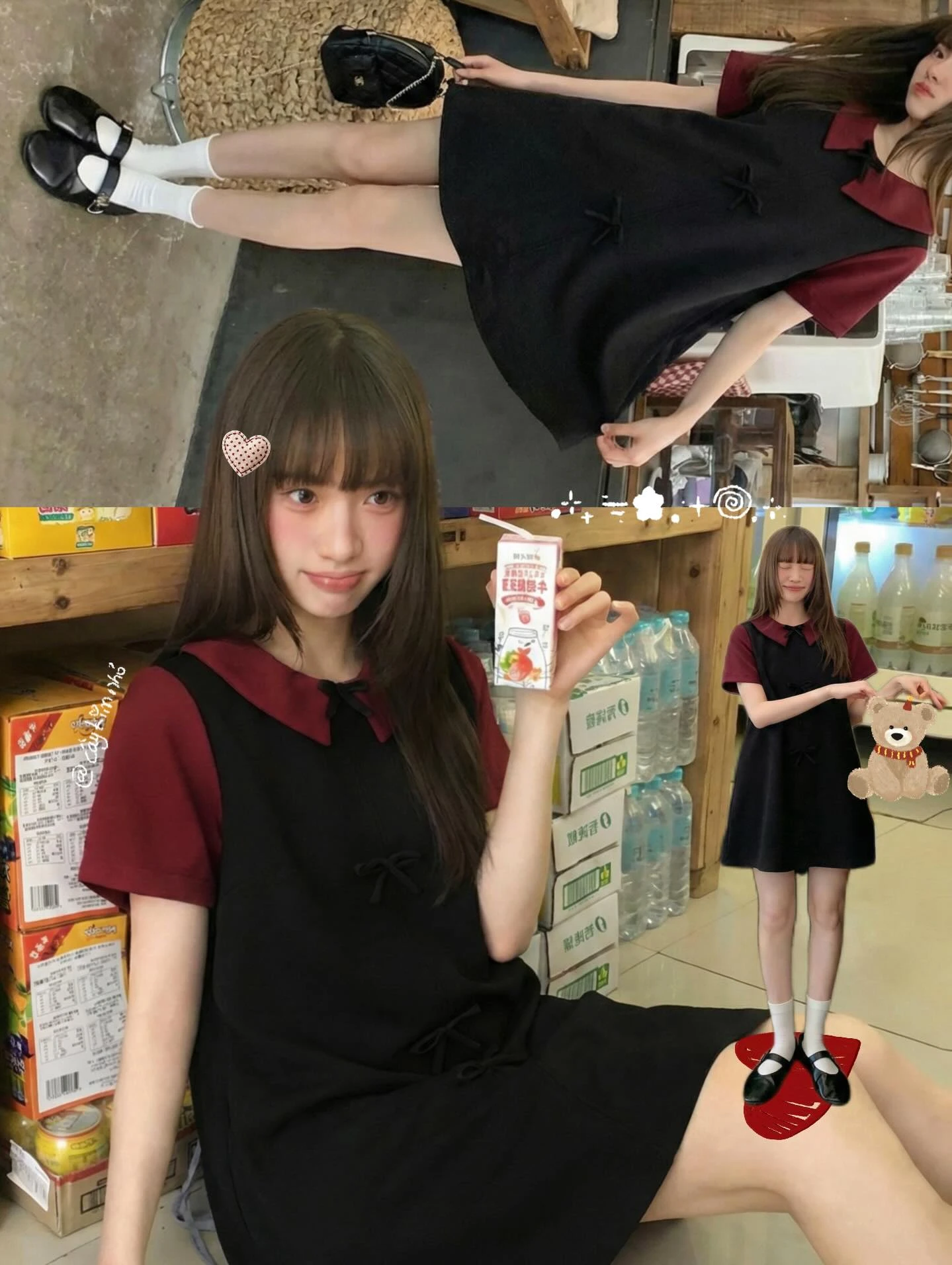 Đầm babydoll đen nơ phối đỏ đô