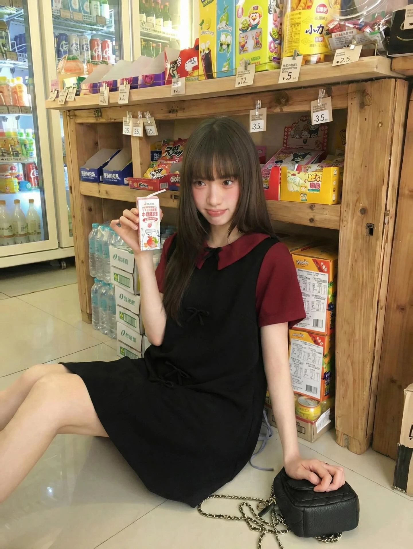 Đầm babydoll đen nơ phối đỏ đô